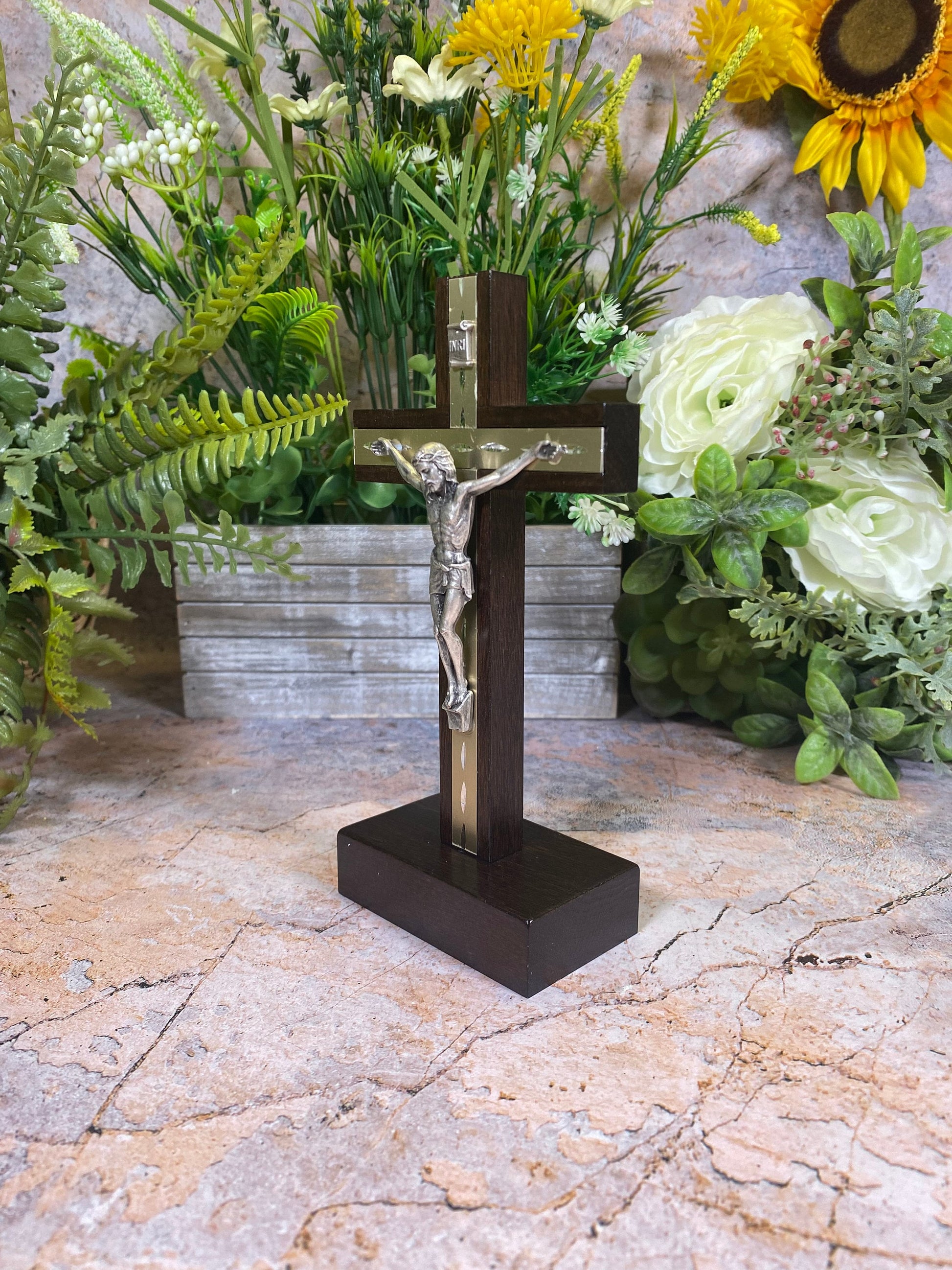 Freestanding Dark Beech Wood Crucifix Cross Religious Wall Decoration Jesus Christ Religious Gift-Osiris Craftworks