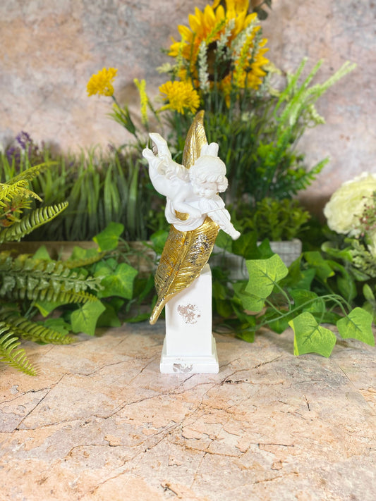 Handmade Resin Cherub Guardian Angel Resting on Golden Feather Sculpture Divine Collection-Osiris Craftworks