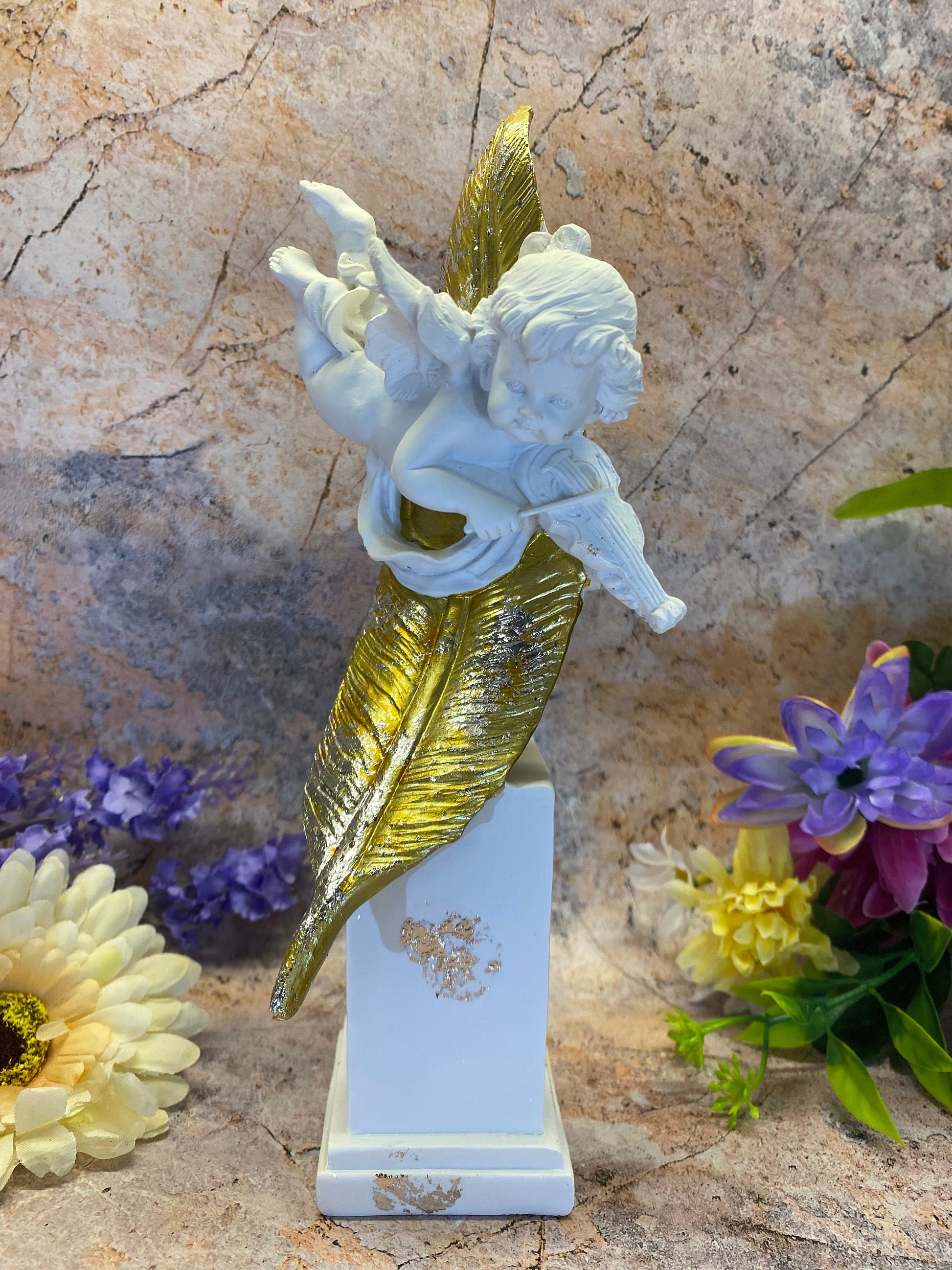 Handmade Resin Cherub Guardian Angel Resting on Golden Feather Sculpture Divine Collection-Osiris Craftworks