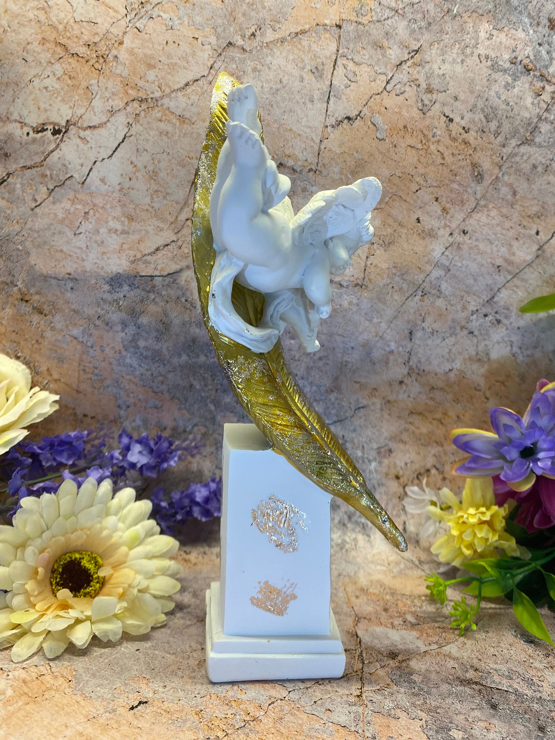 Handmade Resin Cherub Guardian Angel Resting on Golden Feather Sculpture Divine Collection-Osiris Craftworks