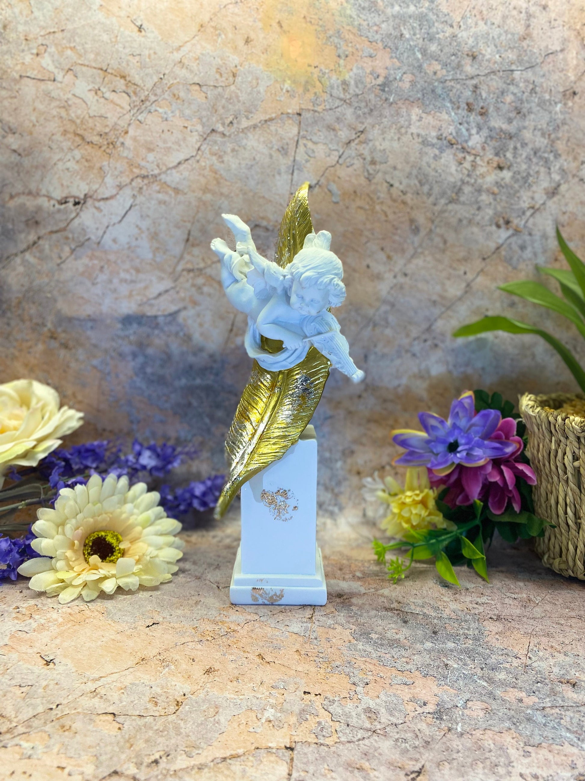 Handmade Resin Cherub Guardian Angel Resting on Golden Feather Sculpture Divine Collection-Osiris Craftworks