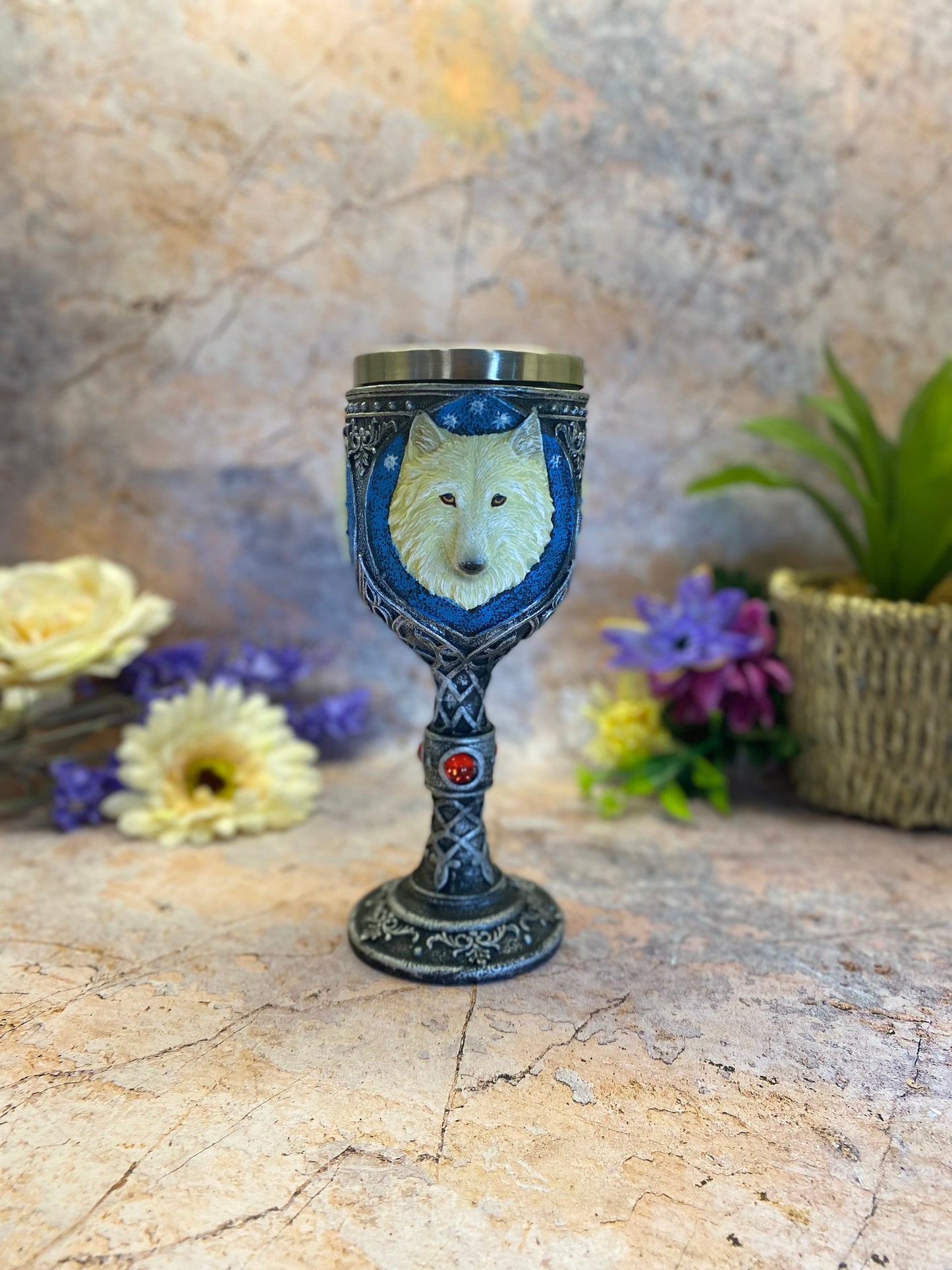 Mystical White Wolf Celtic Goblet Handcrafted Resin and Metal Pagan Chalice 19.5 cm