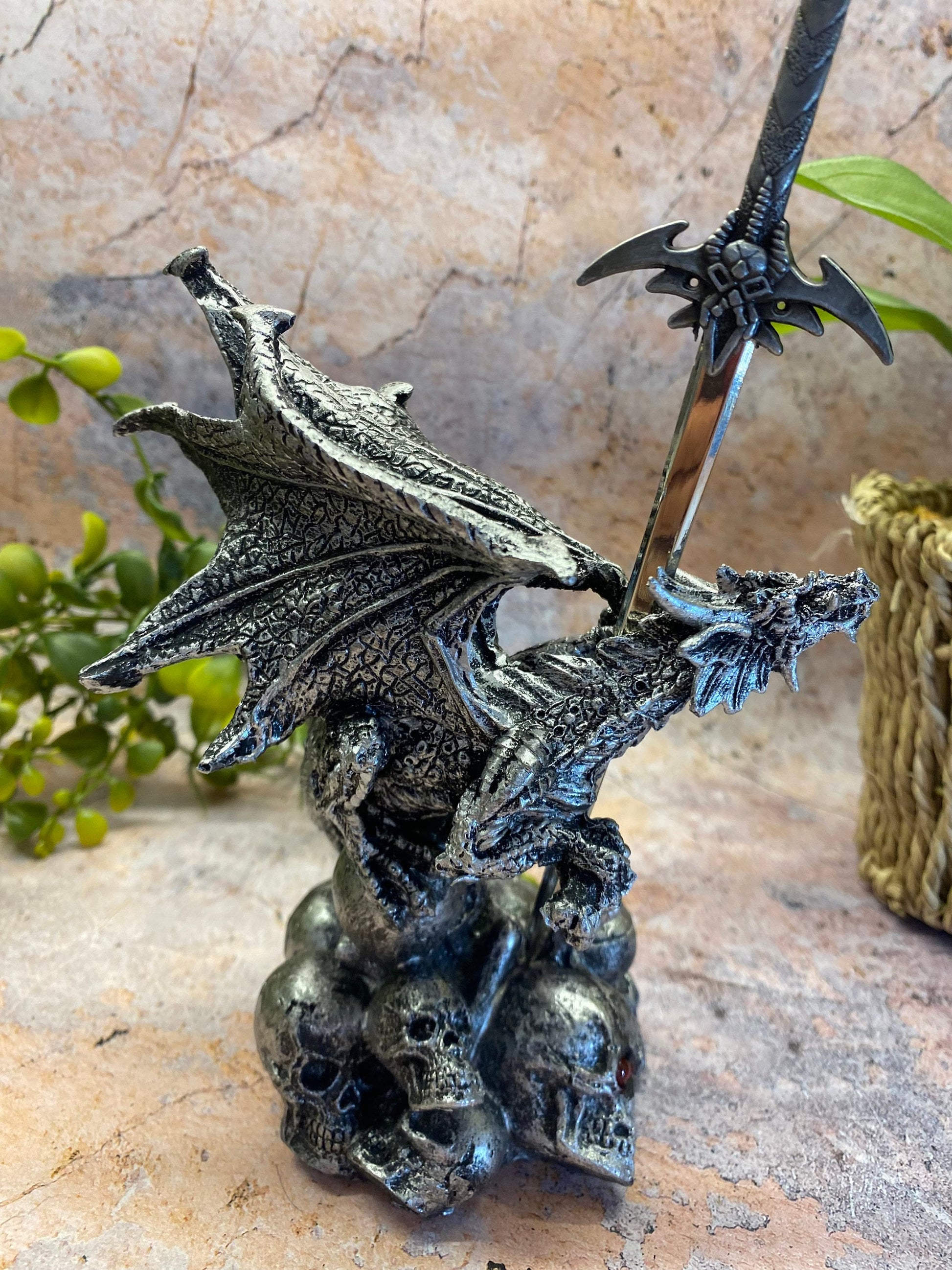 Enchanted Dragon Letter Opener – Hand-Painted Resin Dragon with Metallic Sword – Mystical Desk Accessory – Gothic Office Decor – 18cm-Osiris Craftworks