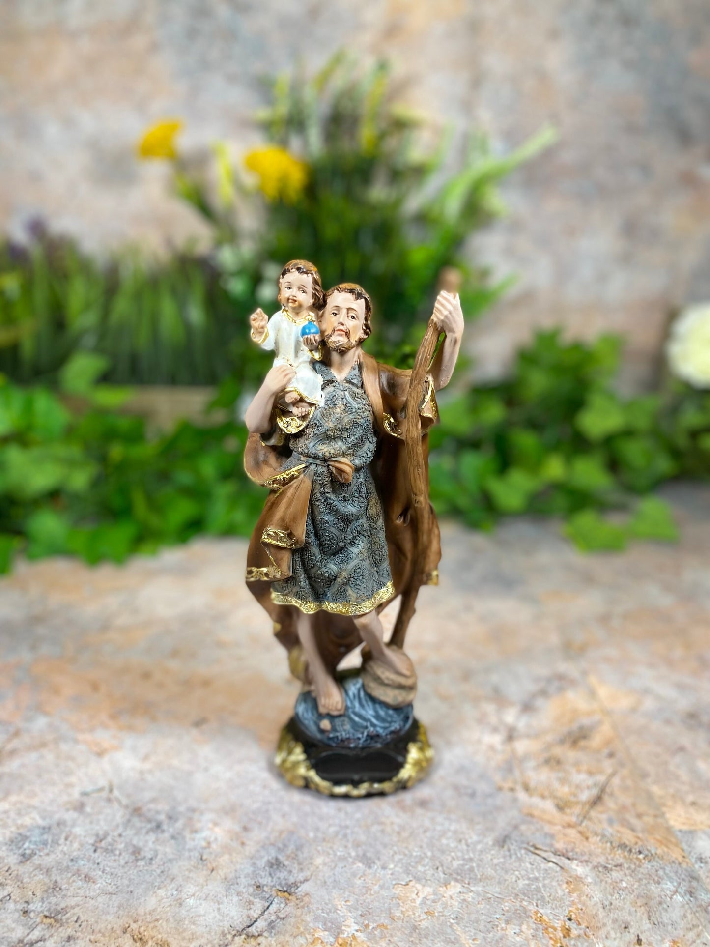 Divine Elegance: Handcrafted 20cm Resin Statue of Saint Christopher with Baby Jesus-Osiris Craftworks