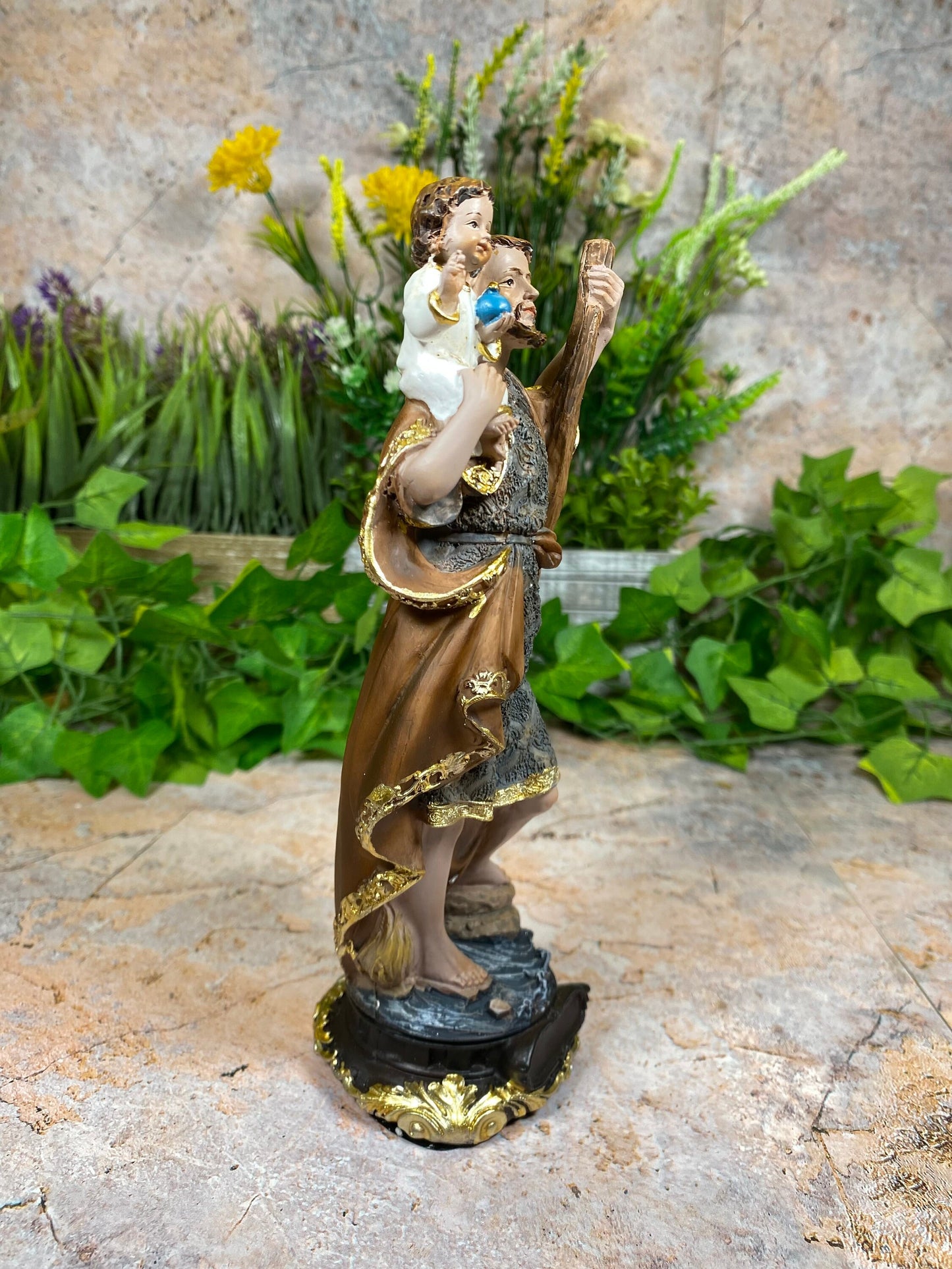 Divine Elegance: Handcrafted 20cm Resin Statue of Saint Christopher with Baby Jesus-Osiris Craftworks