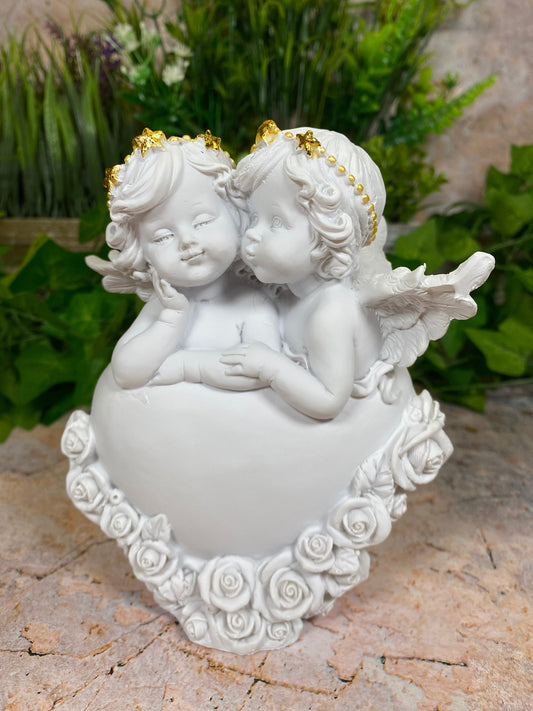 Whimsical Guardian Angel Statuette with Cherubs Resting on Heart - Handcrafted Resin Sculpture for a Divine Atmosphere-Osiris Craftworks