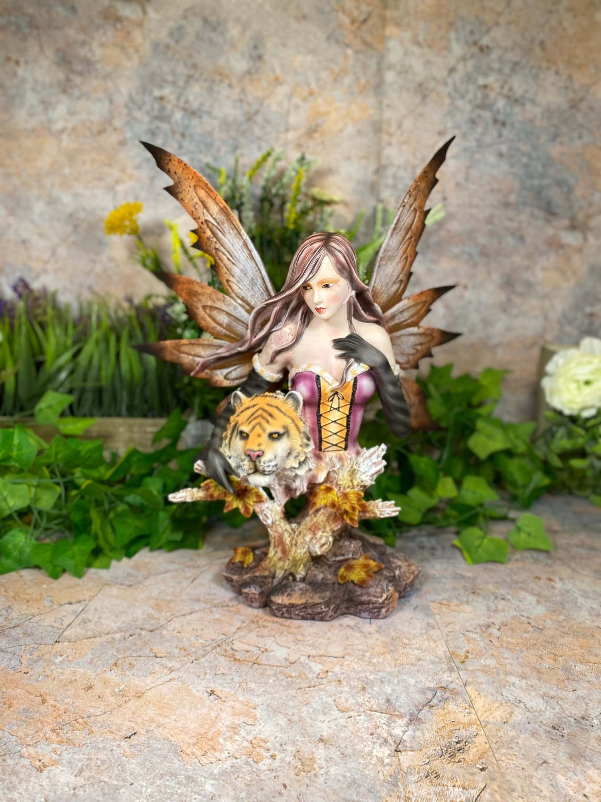 Enchanting Fairy and Majestic Tiger Companion Resin Bust Fantasy Sculpture 36 cm-Osiris Craftworks