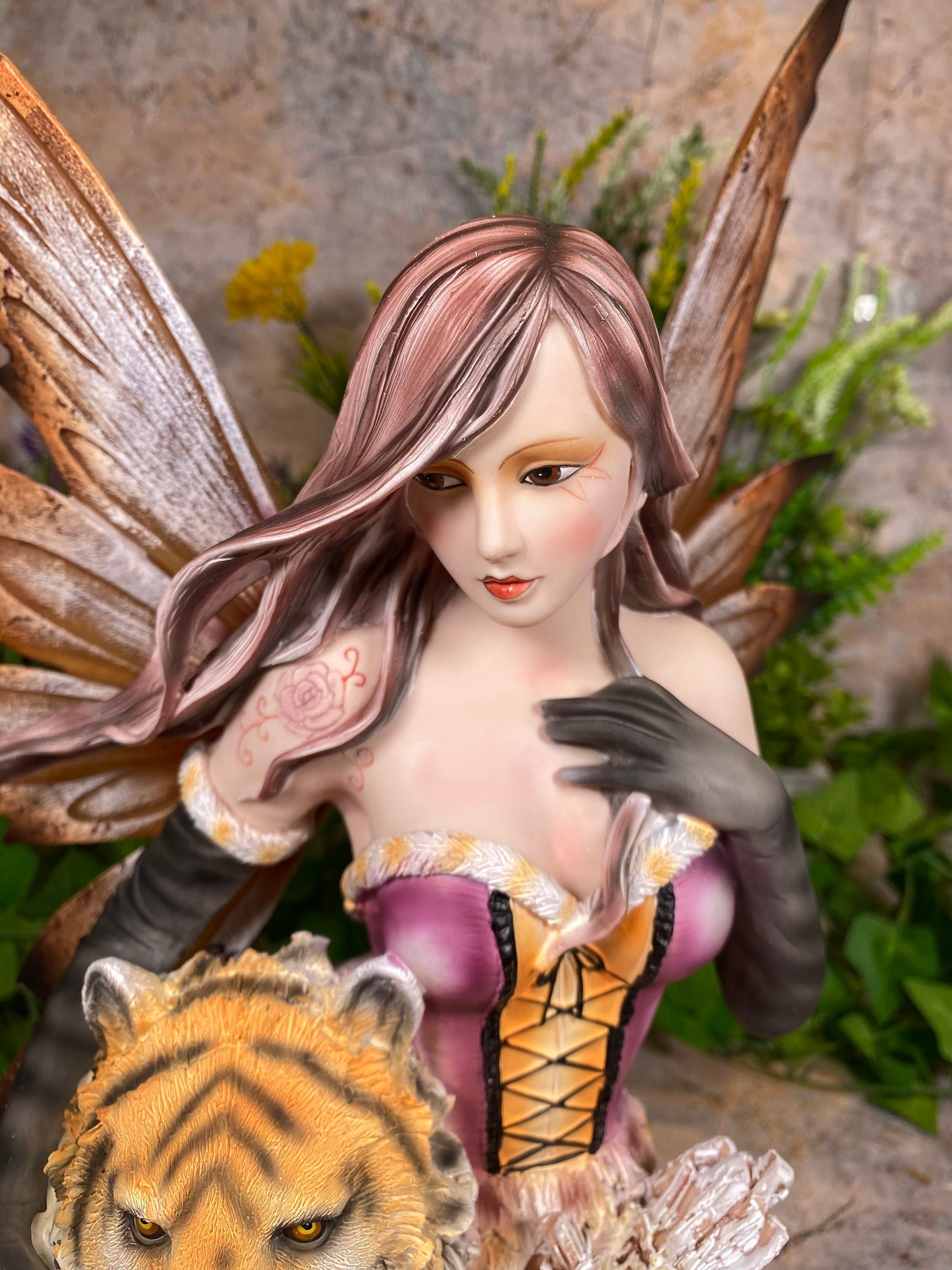 Enchanting Fairy and Majestic Tiger Companion Resin Bust Fantasy Sculpture 36 cm-Osiris Craftworks