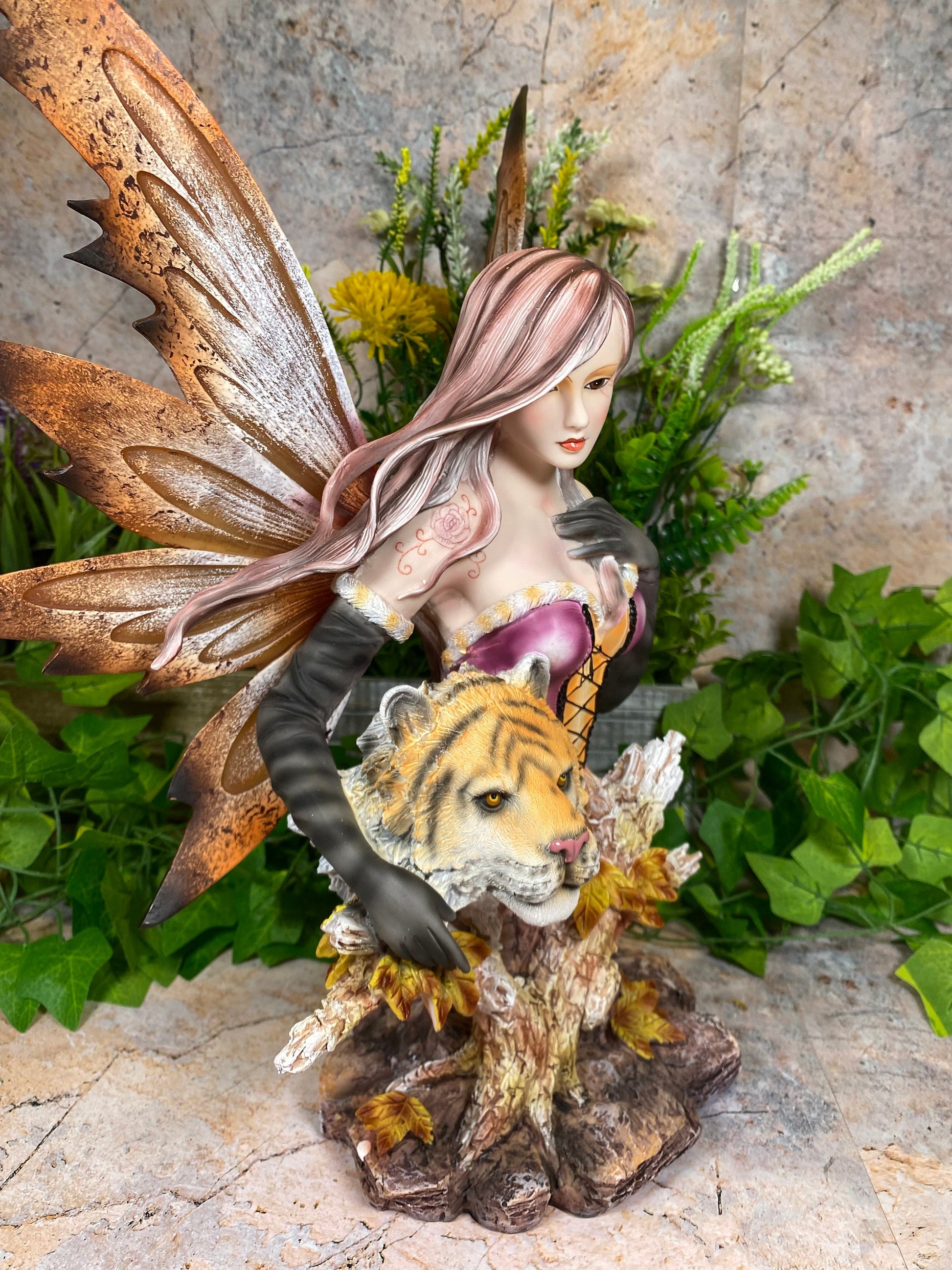 Enchanting Fairy and Majestic Tiger Companion Resin Bust Fantasy Sculpture 36 cm-Osiris Craftworks