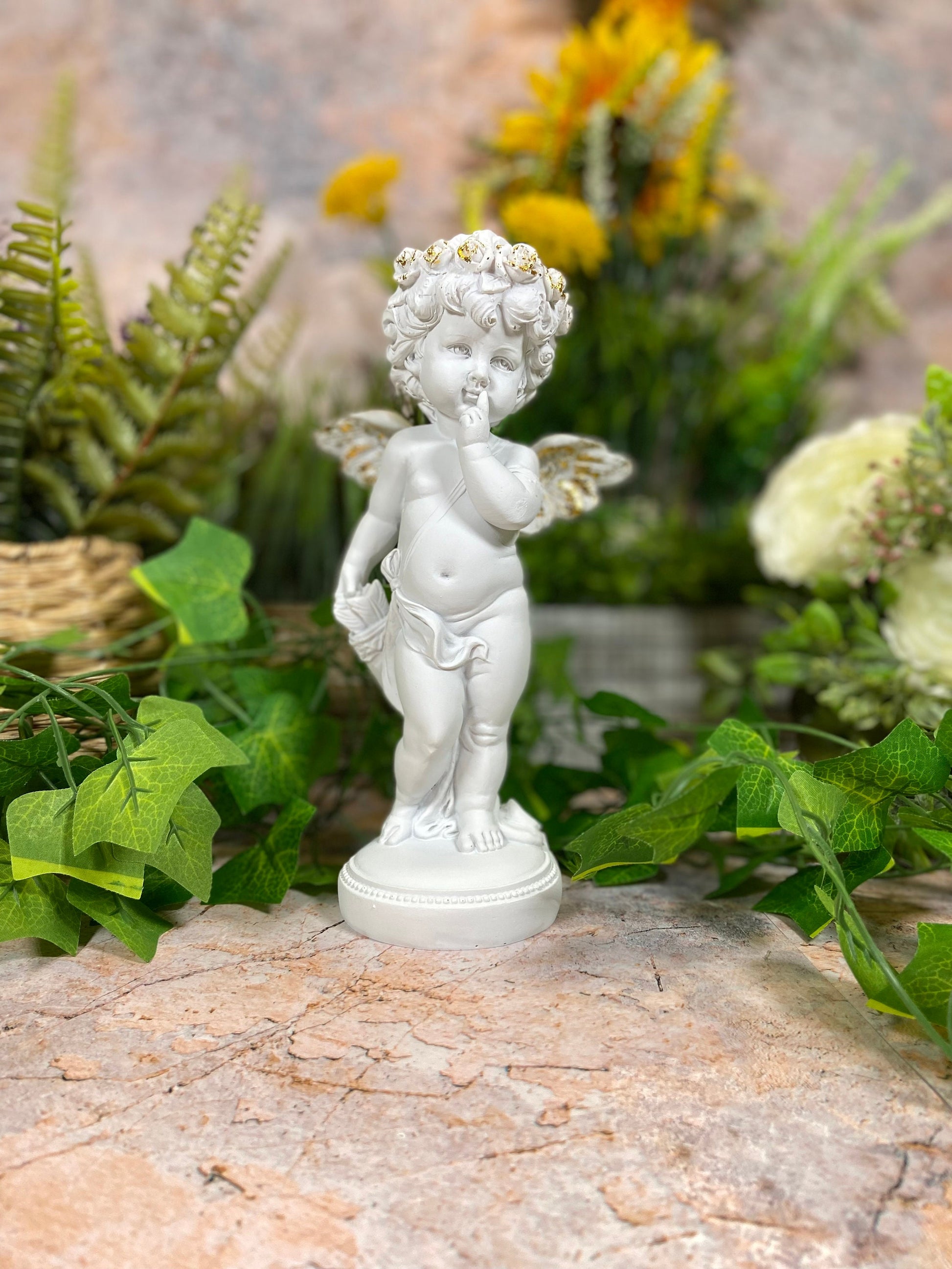 Exquisite Cherub Sculpture with Gold Headdress and Resin Wings Angel Statue-Osiris Craftworks