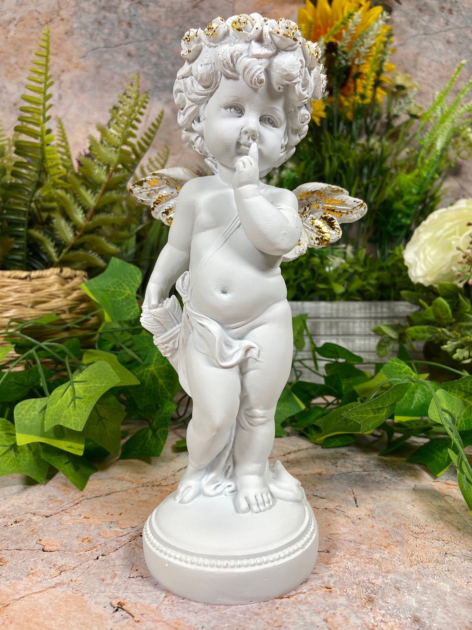 Exquisite Cherub Sculpture with Gold Headdress and Resin Wings Angel Statue-Osiris Craftworks