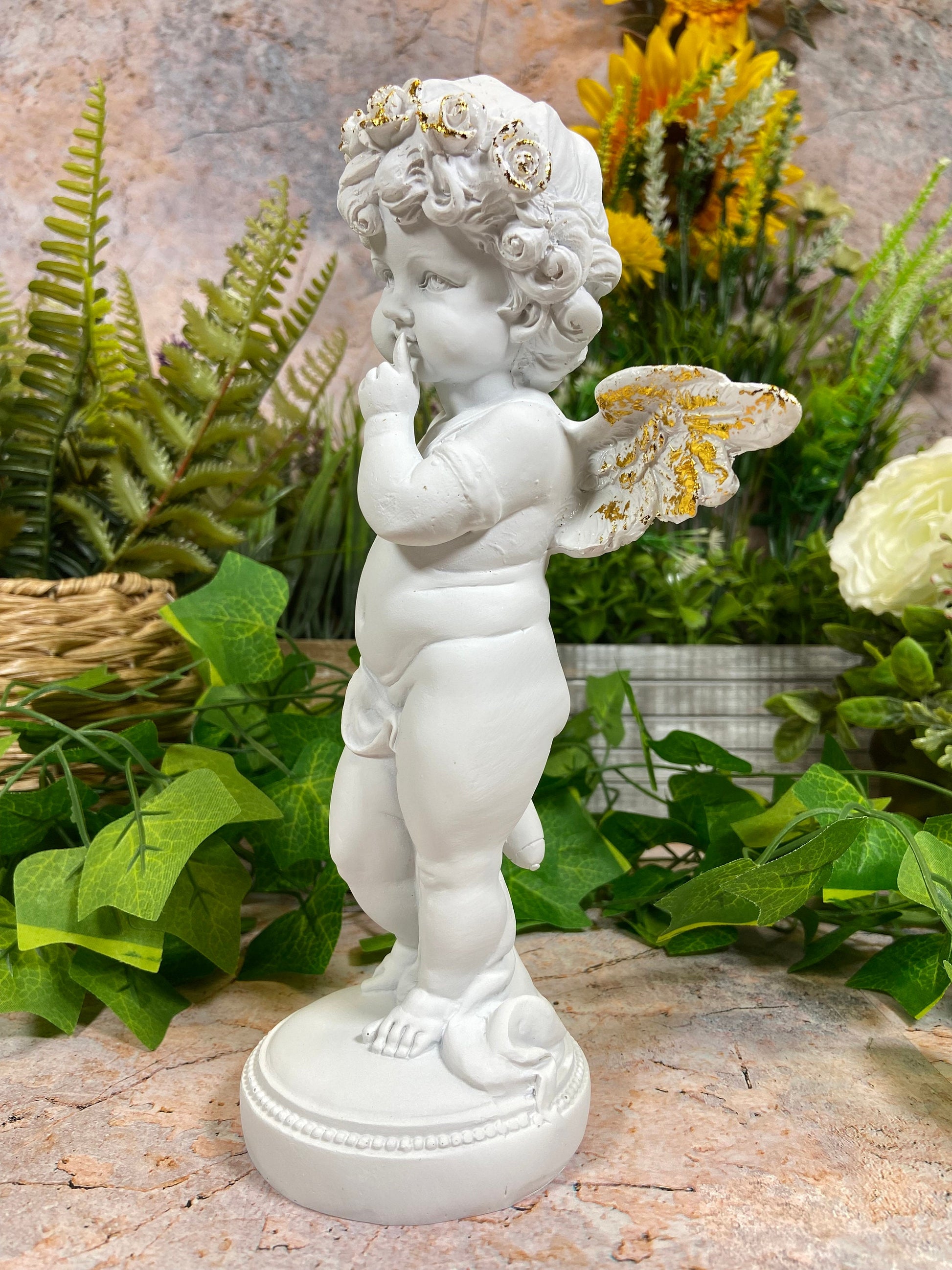 Exquisite Cherub Sculpture with Gold Headdress and Resin Wings Angel Statue-Osiris Craftworks