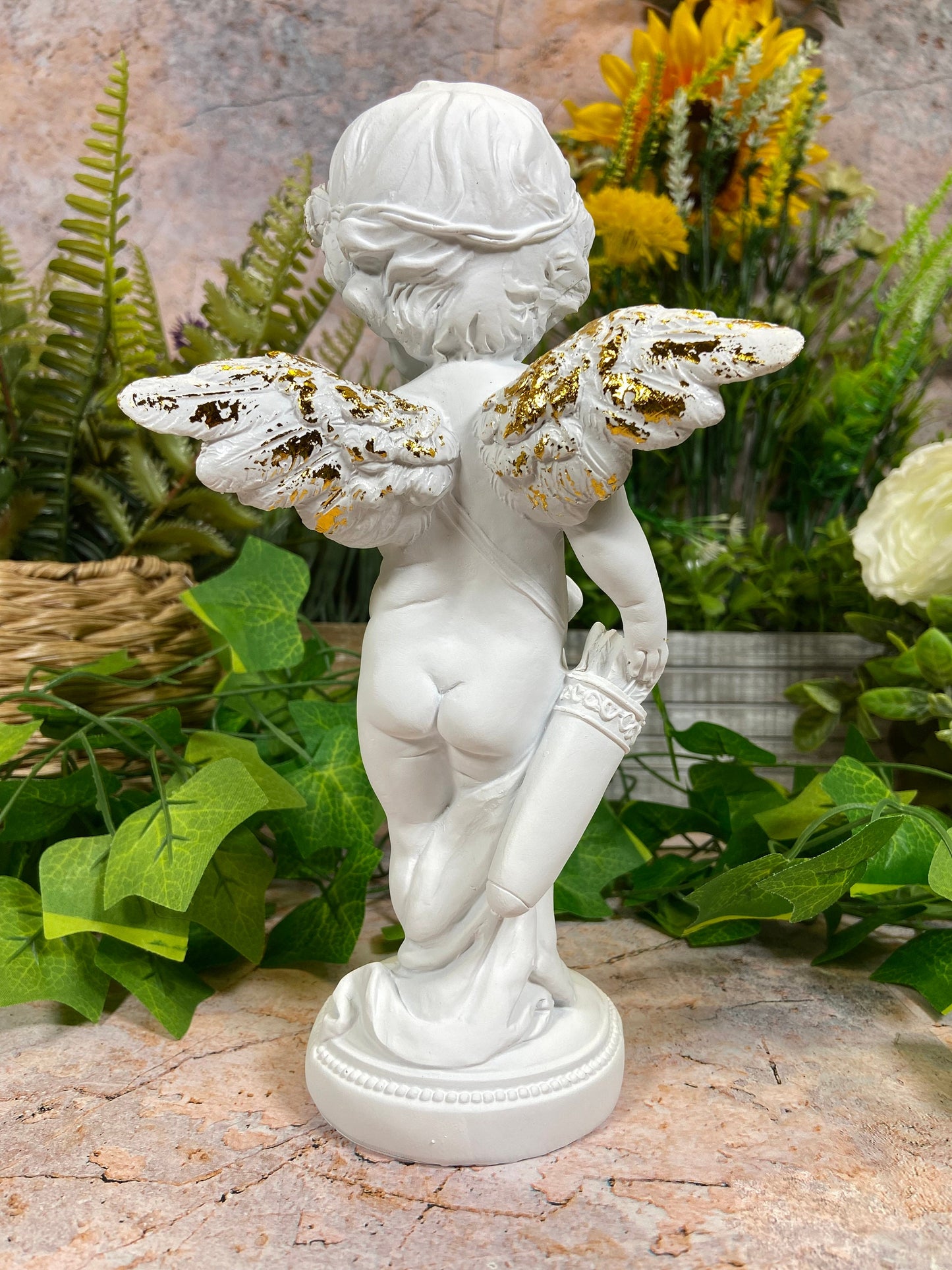 Exquisite Cherub Sculpture with Gold Headdress and Resin Wings Angel Statue-Osiris Craftworks