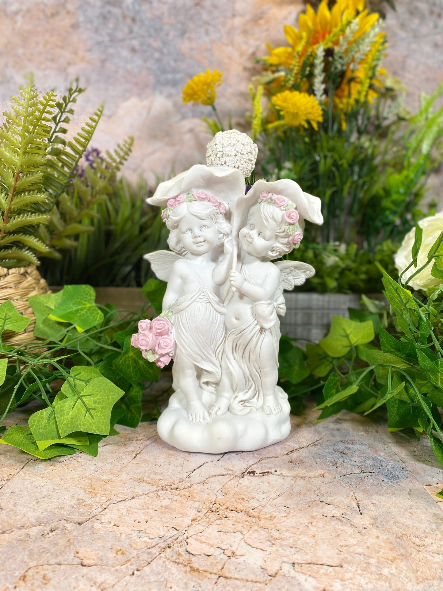 Guardian Angel Figurine Cherub Holding Leaves With Flowers Ornament Sculpture 24 cm-Osiris Craftworks