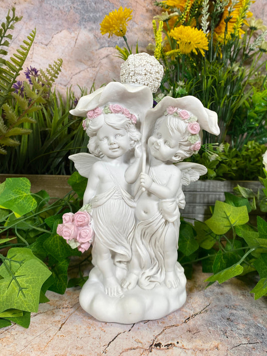 Guardian Angel Figurine Cherub Holding Leaves With Flowers Ornament Sculpture 24 cm-Osiris Craftworks