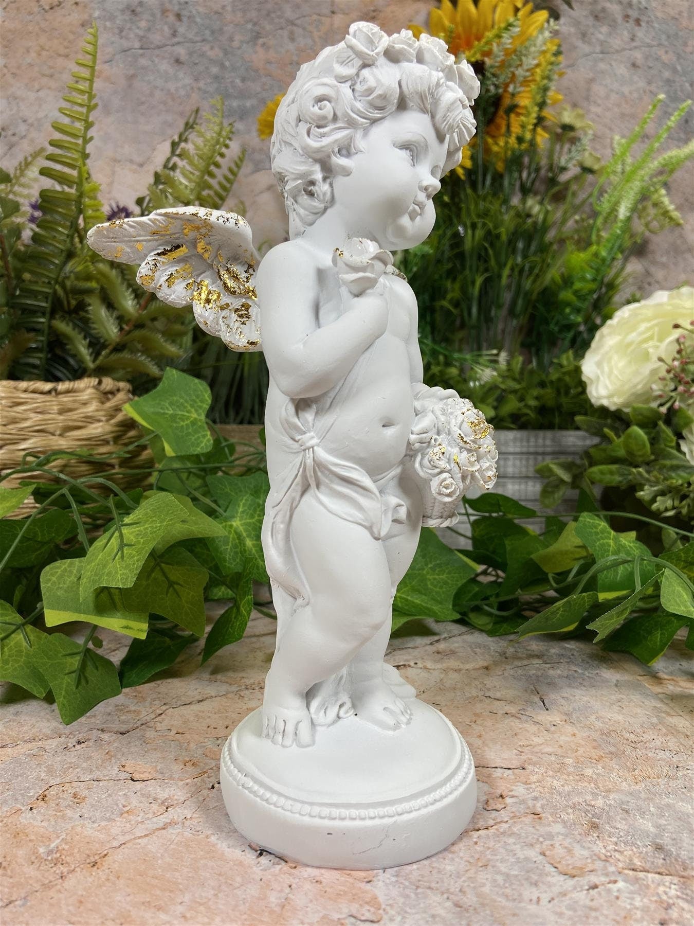 Elegant Cherub with Golden Rose Basket Statue, Artisanal Cherub Sculpture, Heavenly Floral Decor, Angelic Figurine, Unique Handcrafted Gift-Osiris Craftworks