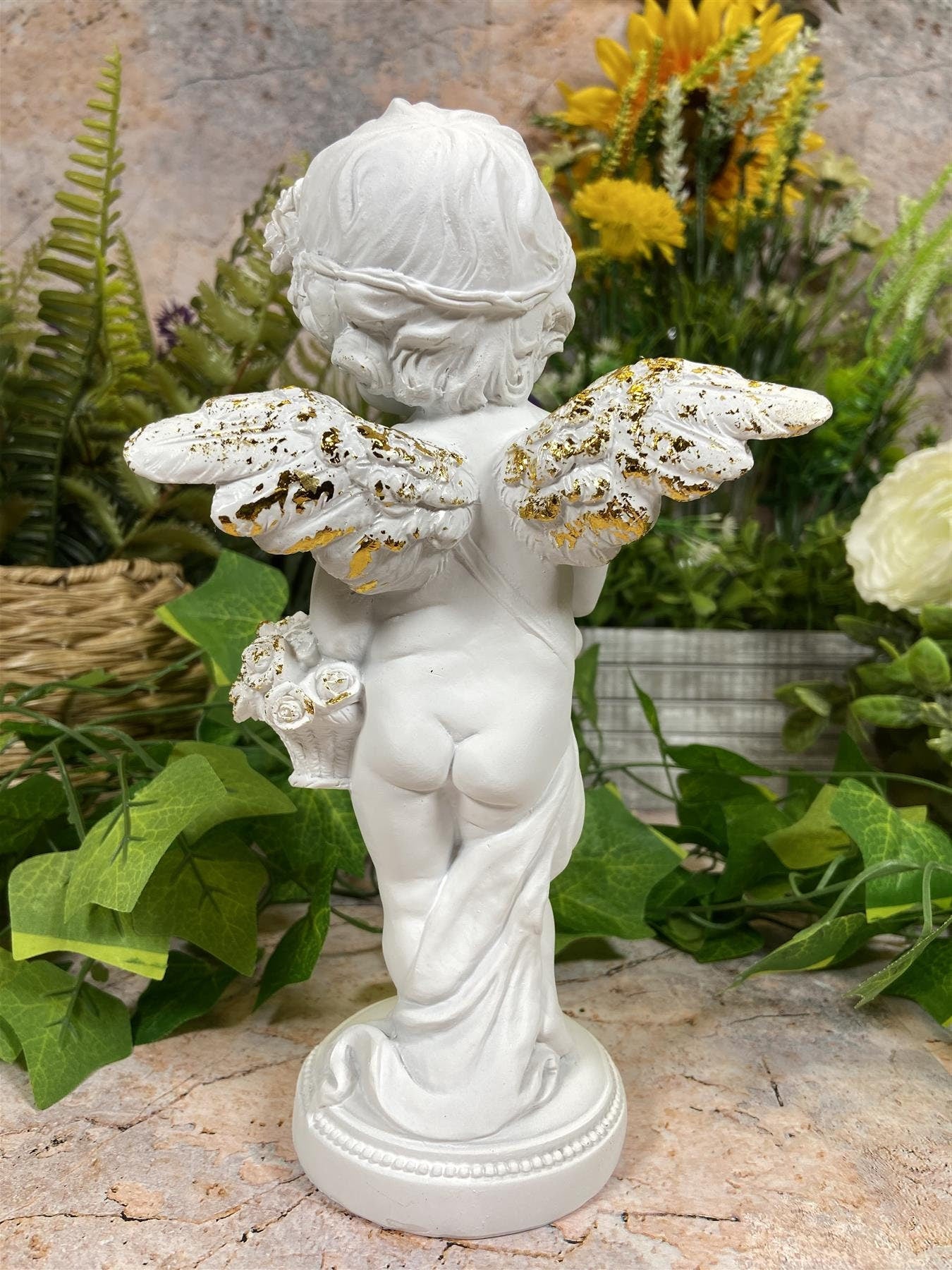 Elegant Cherub with Golden Rose Basket Statue, Artisanal Cherub Sculpture, Heavenly Floral Decor, Angelic Figurine, Unique Handcrafted Gift-Osiris Craftworks