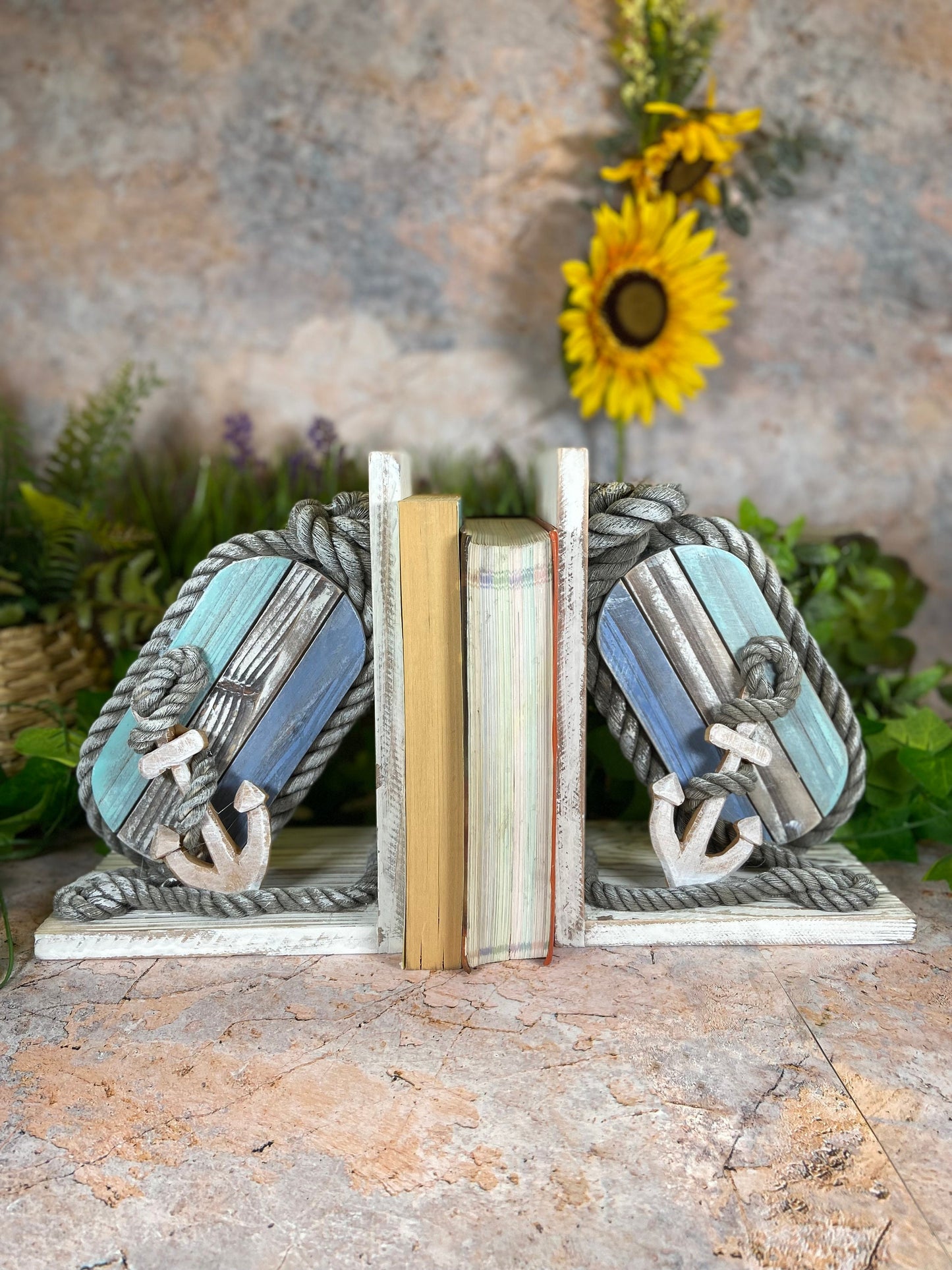 Rustic Nautical Charm Reclaimed Wood Anchor and Rope Book Ends