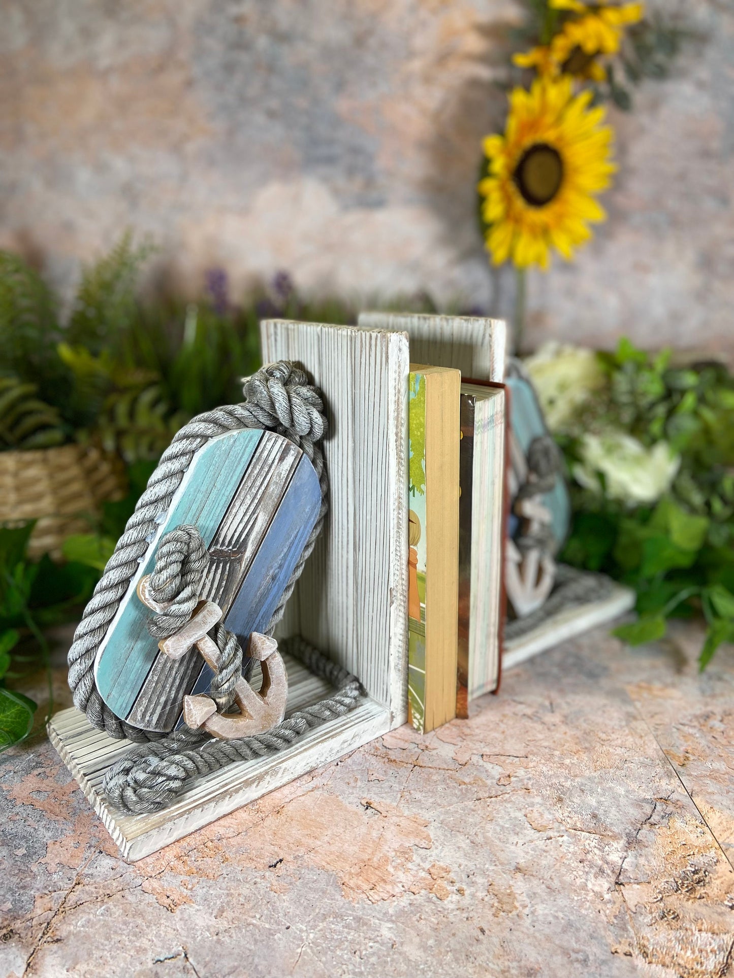 Rustic Nautical Charm Reclaimed Wood Anchor and Rope Book Ends