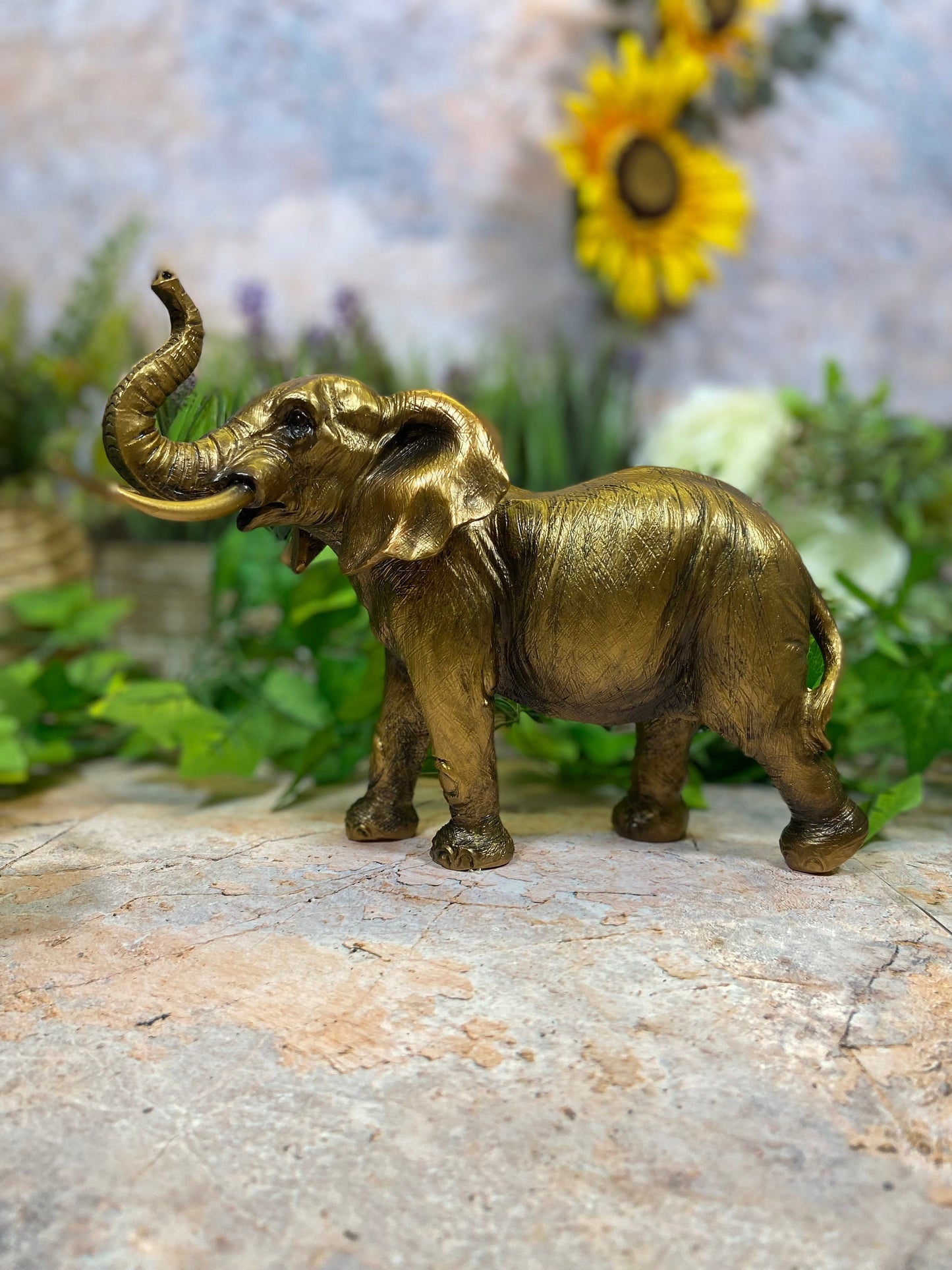 Gold Effect Resin Elephant Statue 24cm Elegant Home Decor Symbol of Strength Wild Animal Sculpture