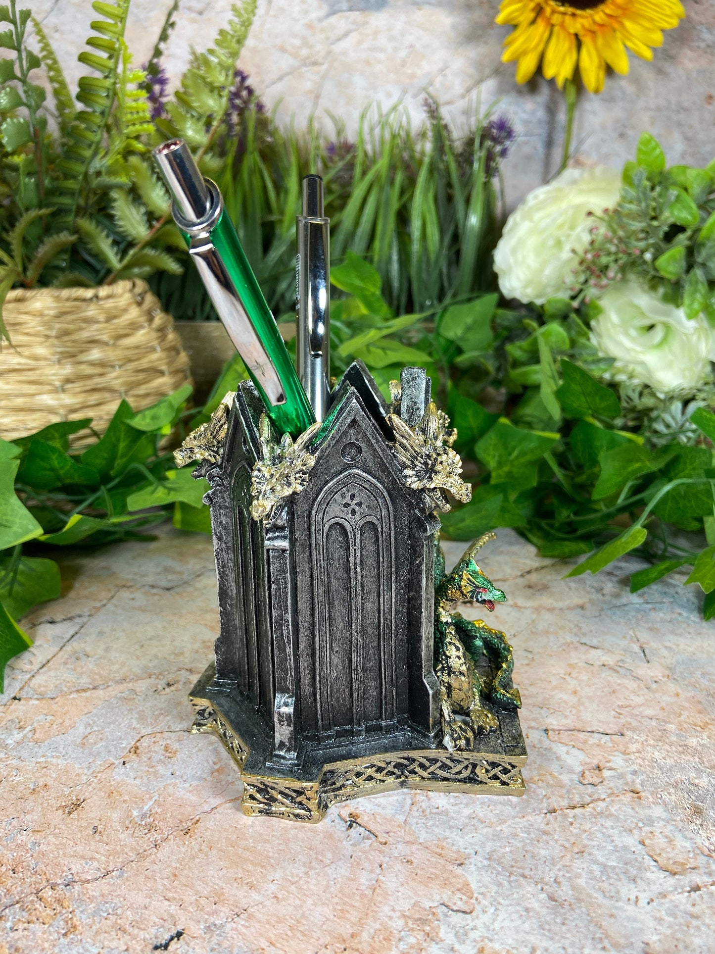 Fabulous Green Dragon Pen Pot Handcrafted Resin 11 cm Tall Fantasy Office Decor