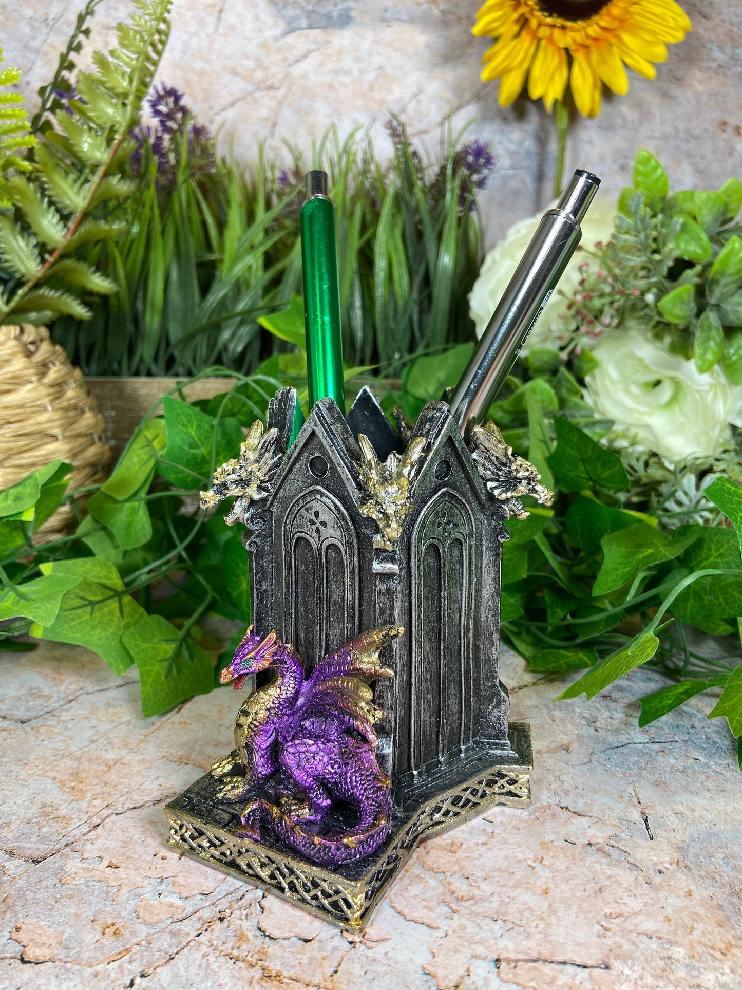 Fabulous Purple Dragon Pen Pot Handcrafted Resin 11 cm Tall Fantasy Office