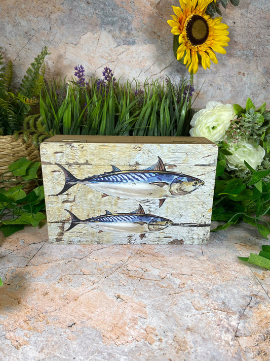 Vintage Style Handmade Mackerel Hinged Storage Box Reclaimed Wood Home Upcycled Decor Drift Wood Eco Friendly Ornament