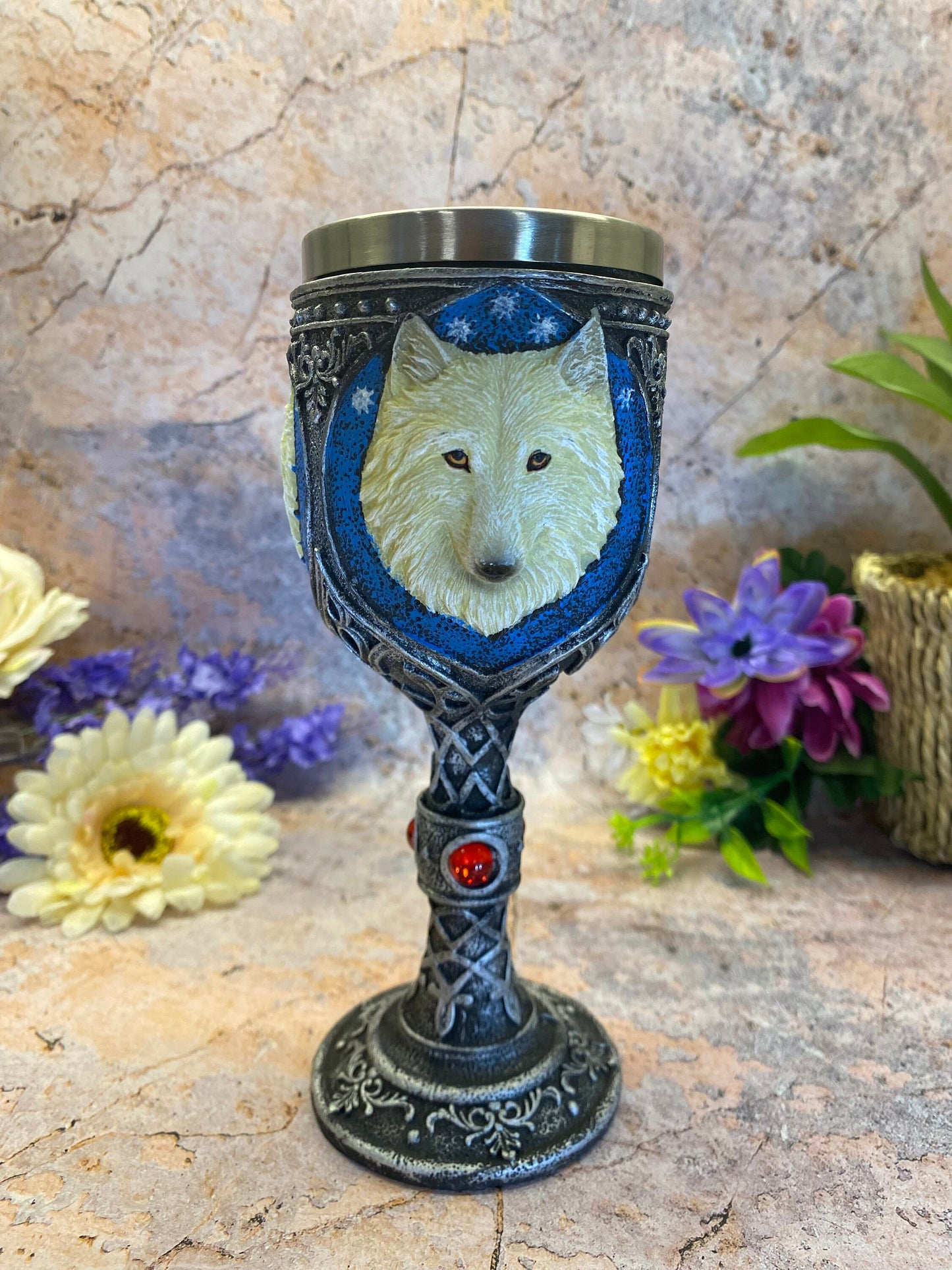 Mystical White Wolf Celtic Goblet Handcrafted Resin and Metal Pagan Chalice 19.5 cm