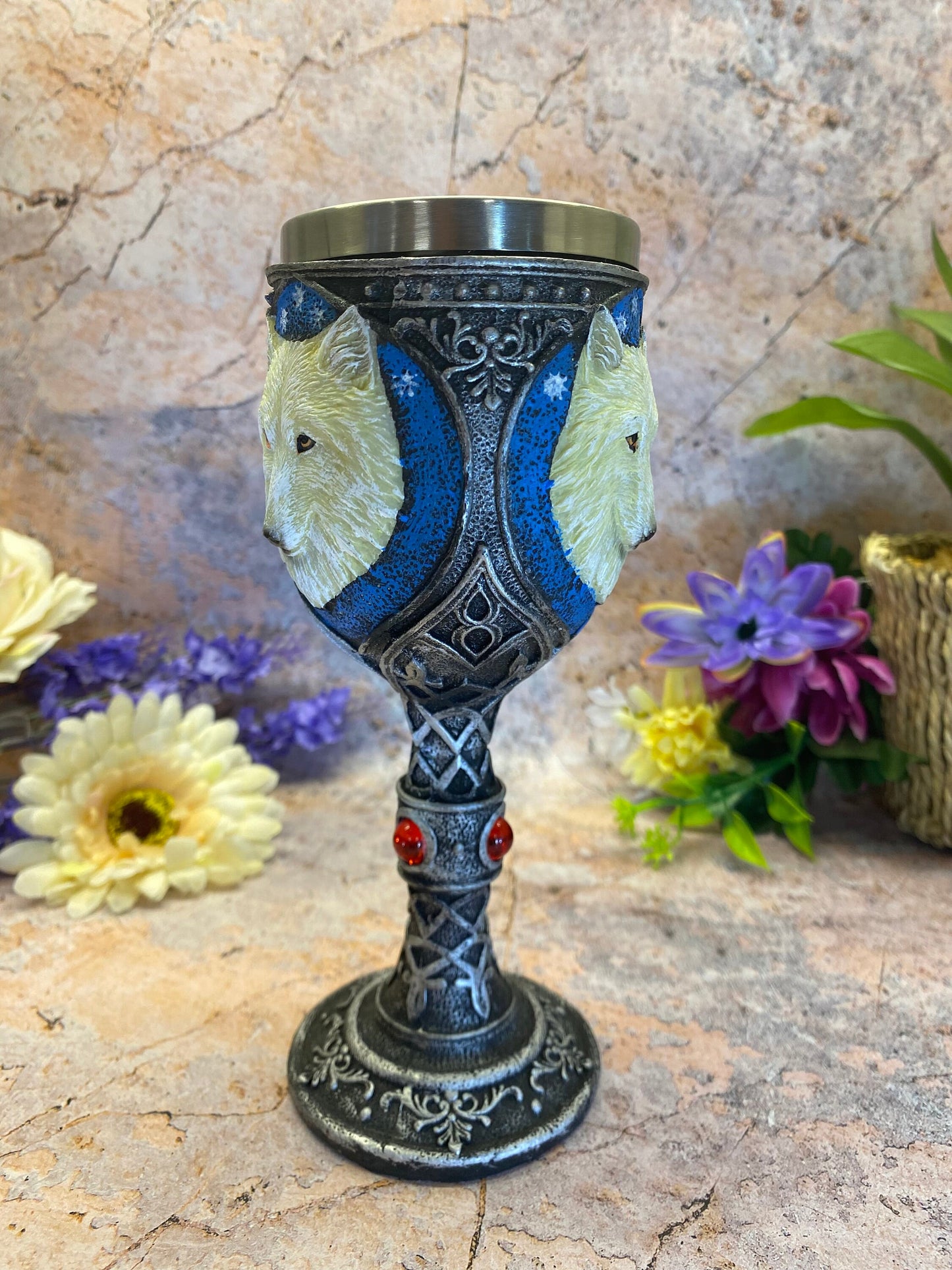 Mystical White Wolf Celtic Goblet Handcrafted Resin and Metal Pagan Chalice 19.5 cm