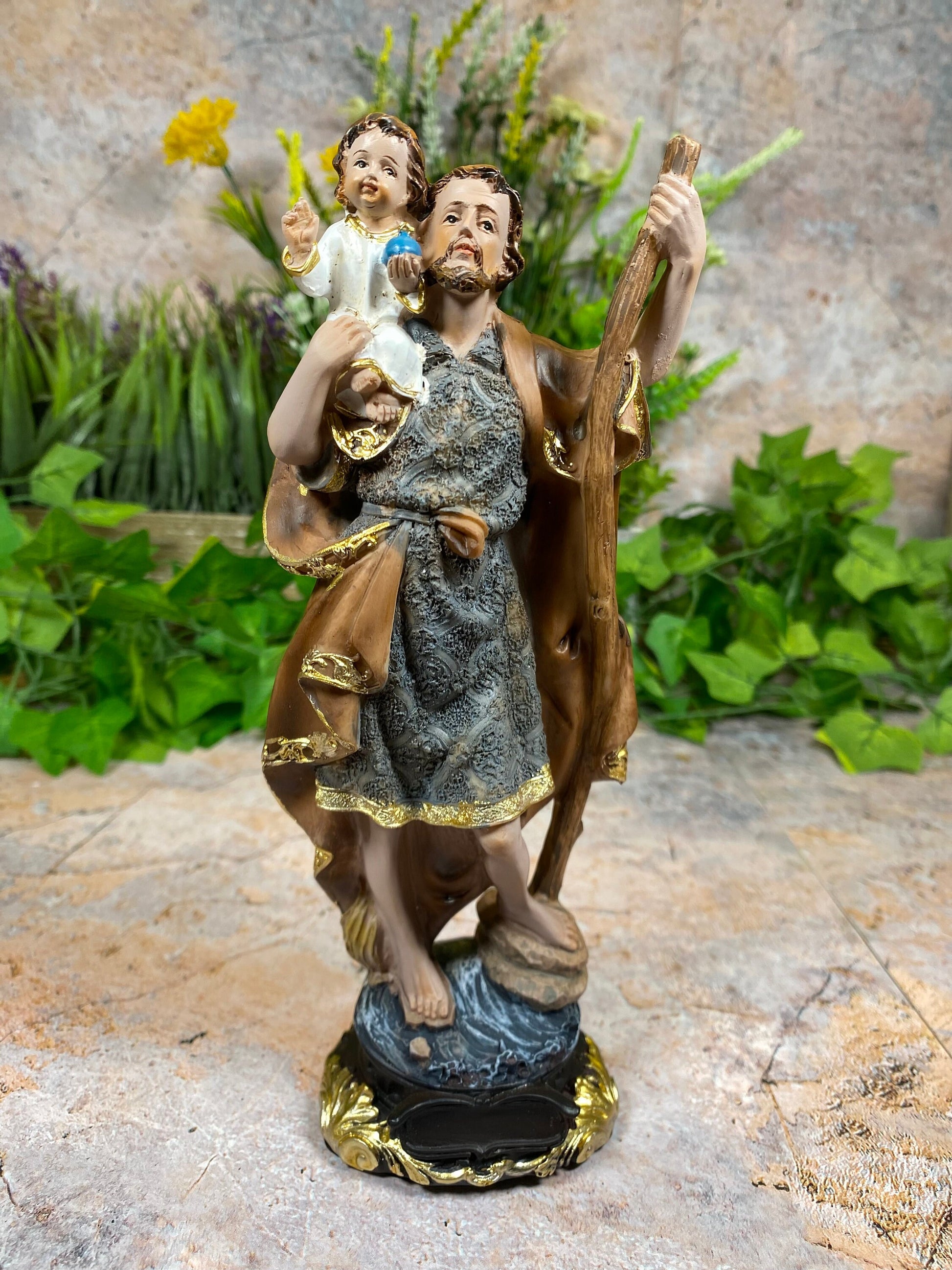 Divine Elegance: Handcrafted 20cm Resin Statue of Saint Christopher with Baby Jesus-Osiris Craftworks