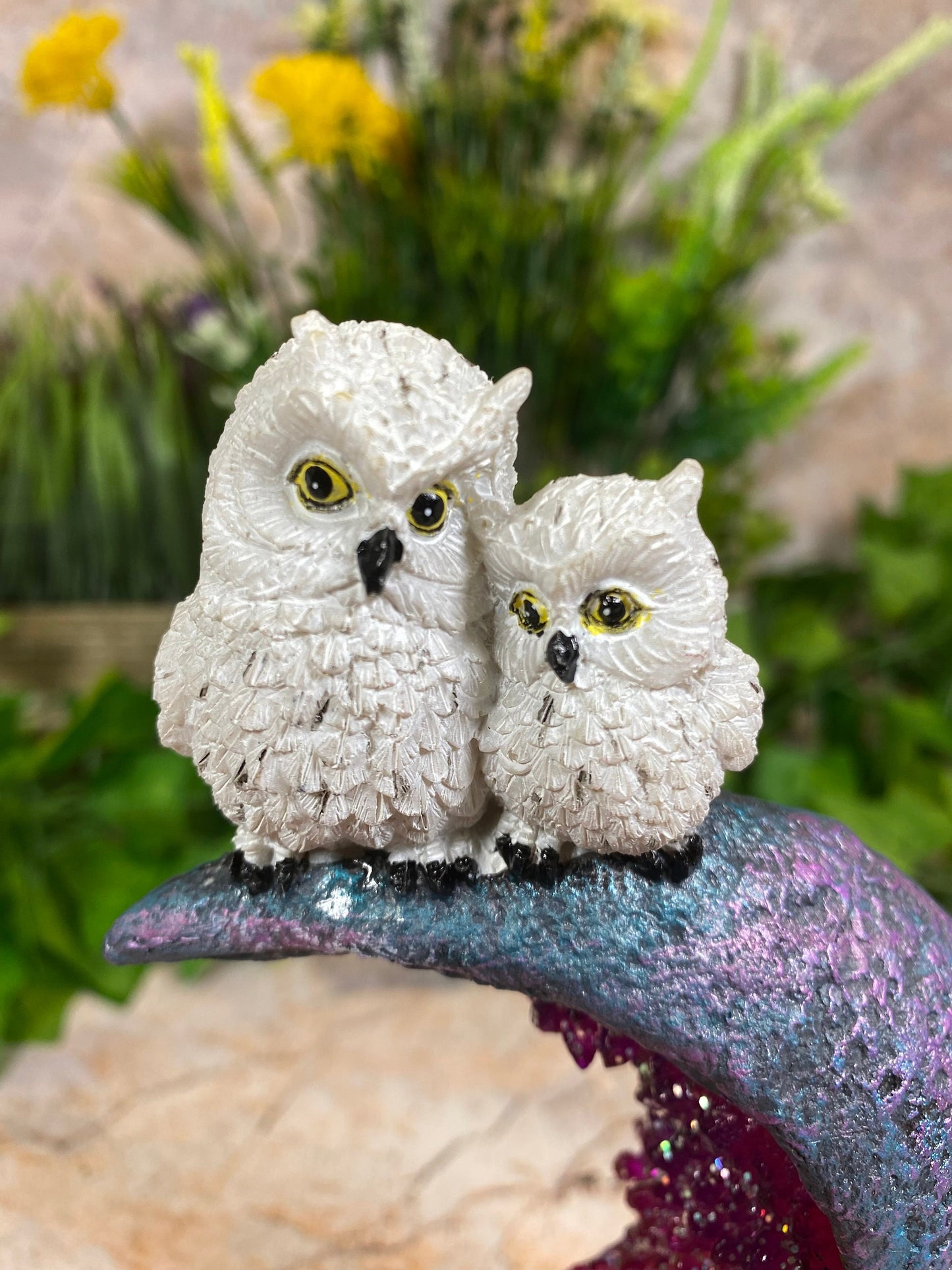 Twin Owls Resting on Crescent Moon Sculpture Resin Art with LED Light Fantasy