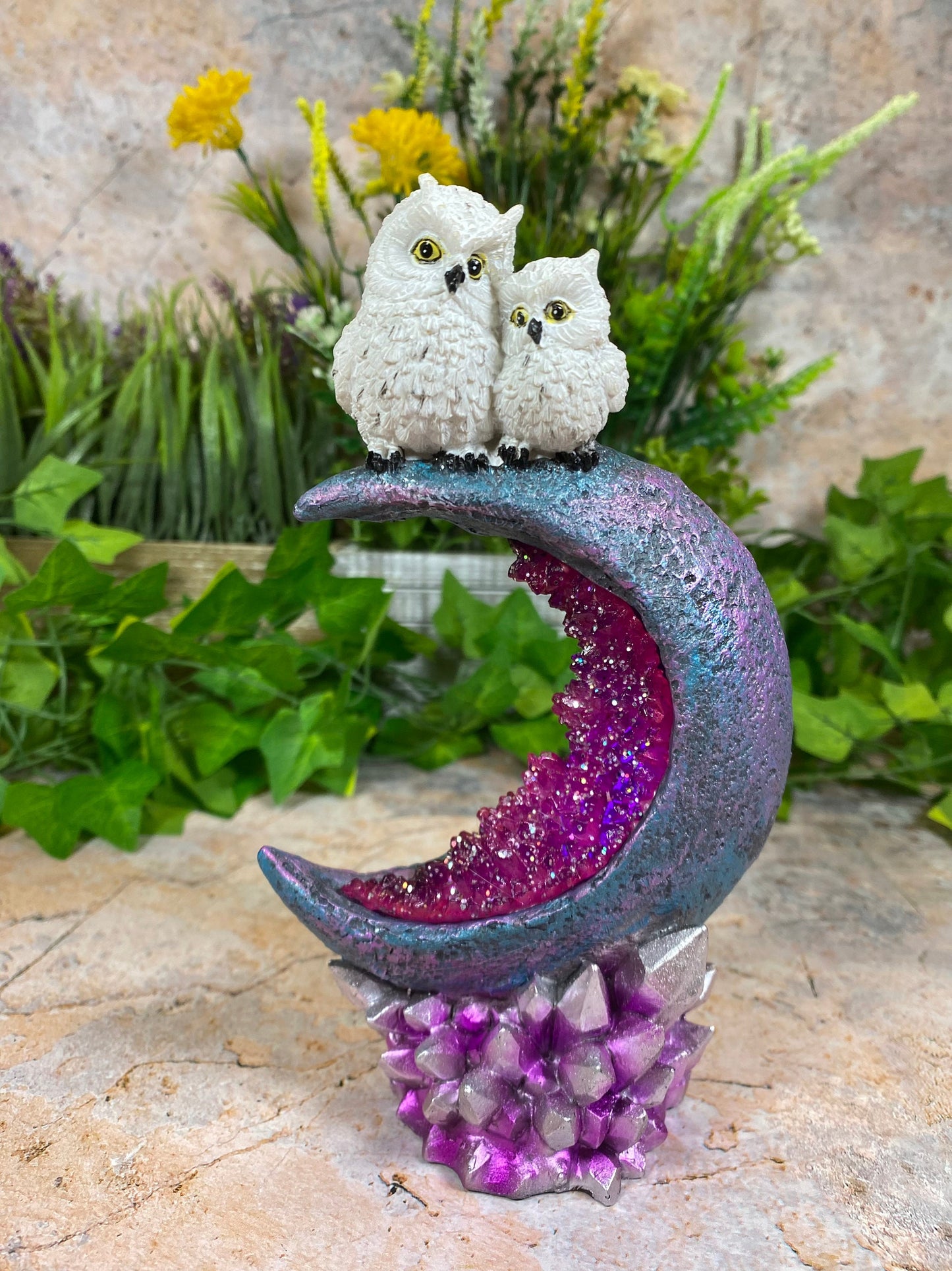 Twin Owls Resting on Crescent Moon Sculpture Resin Art with LED Light Fantasy