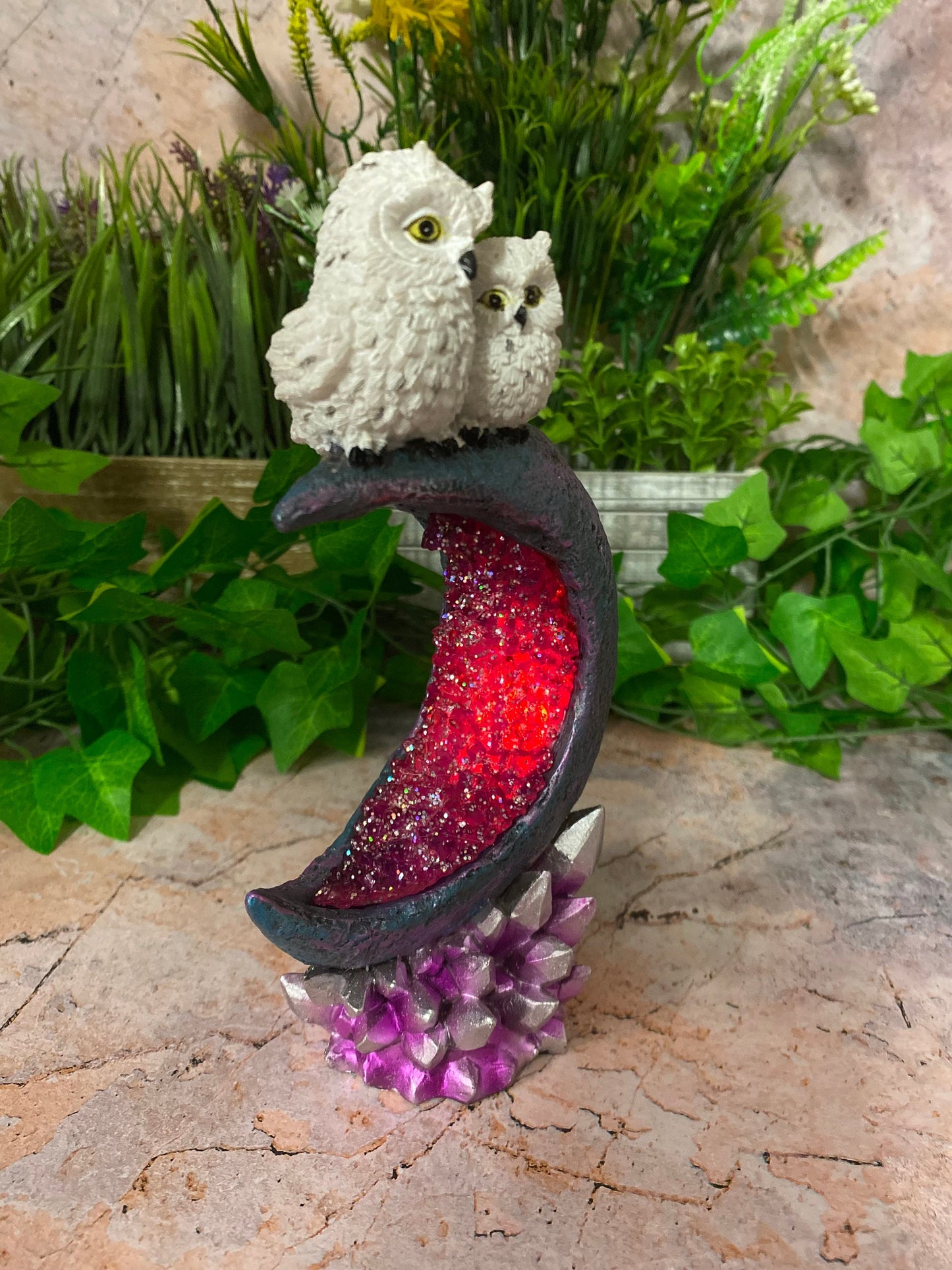 Twin Owls Resting on Crescent Moon Sculpture Resin Art with LED Light Fantasy