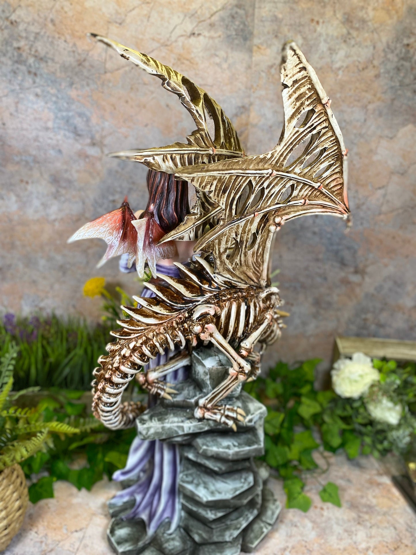 Enchanting Dark Fairy with Dragon Skeleton: Captivating 65 cm Large Statue Mythical Gothic Sculpture-Osiris Craftworks