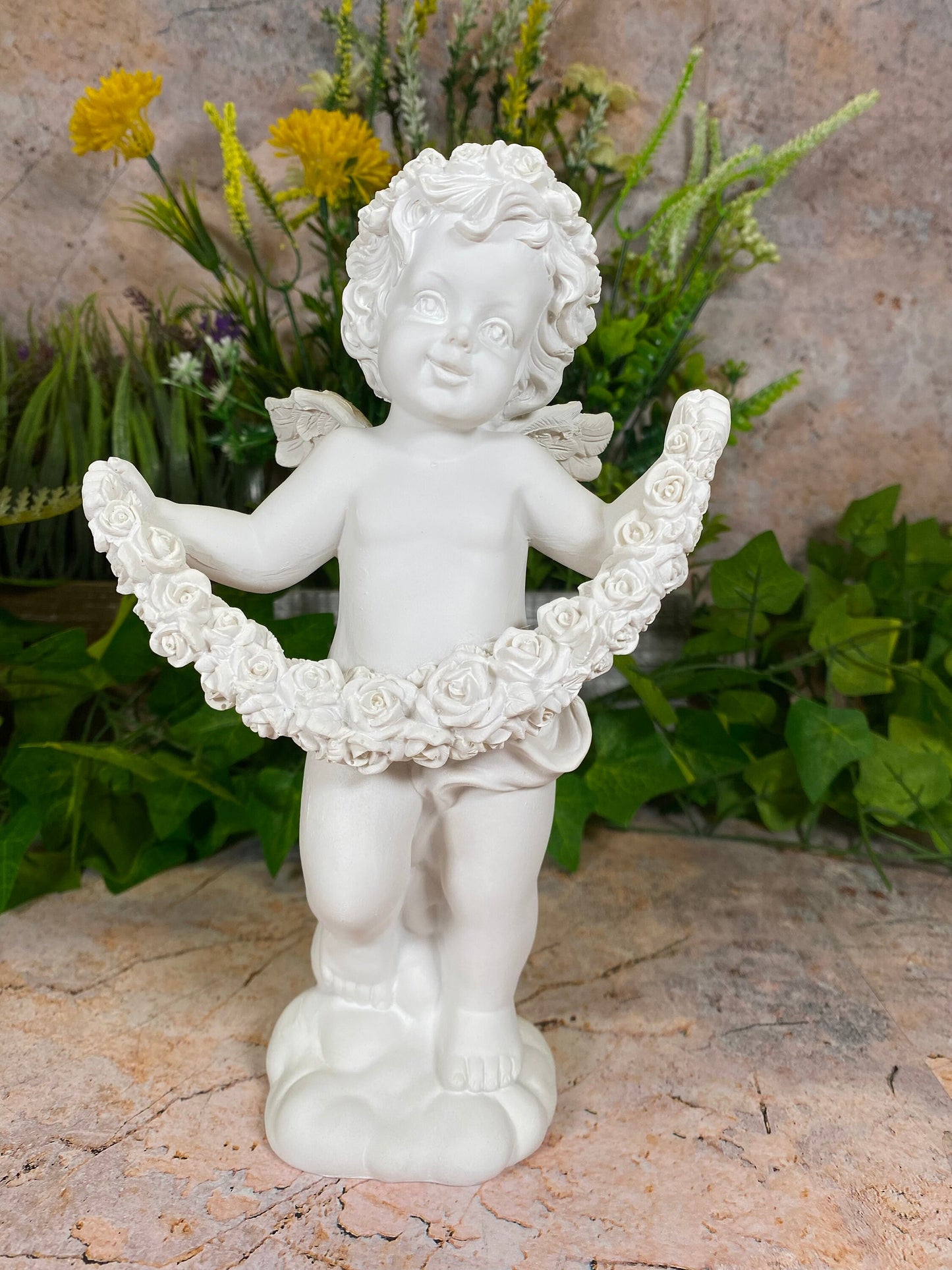 Ethereal Resin Cherub with Roses - Handcrafted Heavenly Sculpture - 22 cm Tall Figurine-Osiris Craftworks