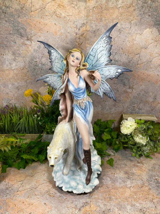 Enchanting Winter Fairy with Polar Bear Companion - Handmade Fantasy Sculpture House Warming Gift for a Faery Enthusiasts-Osiris Craftworks