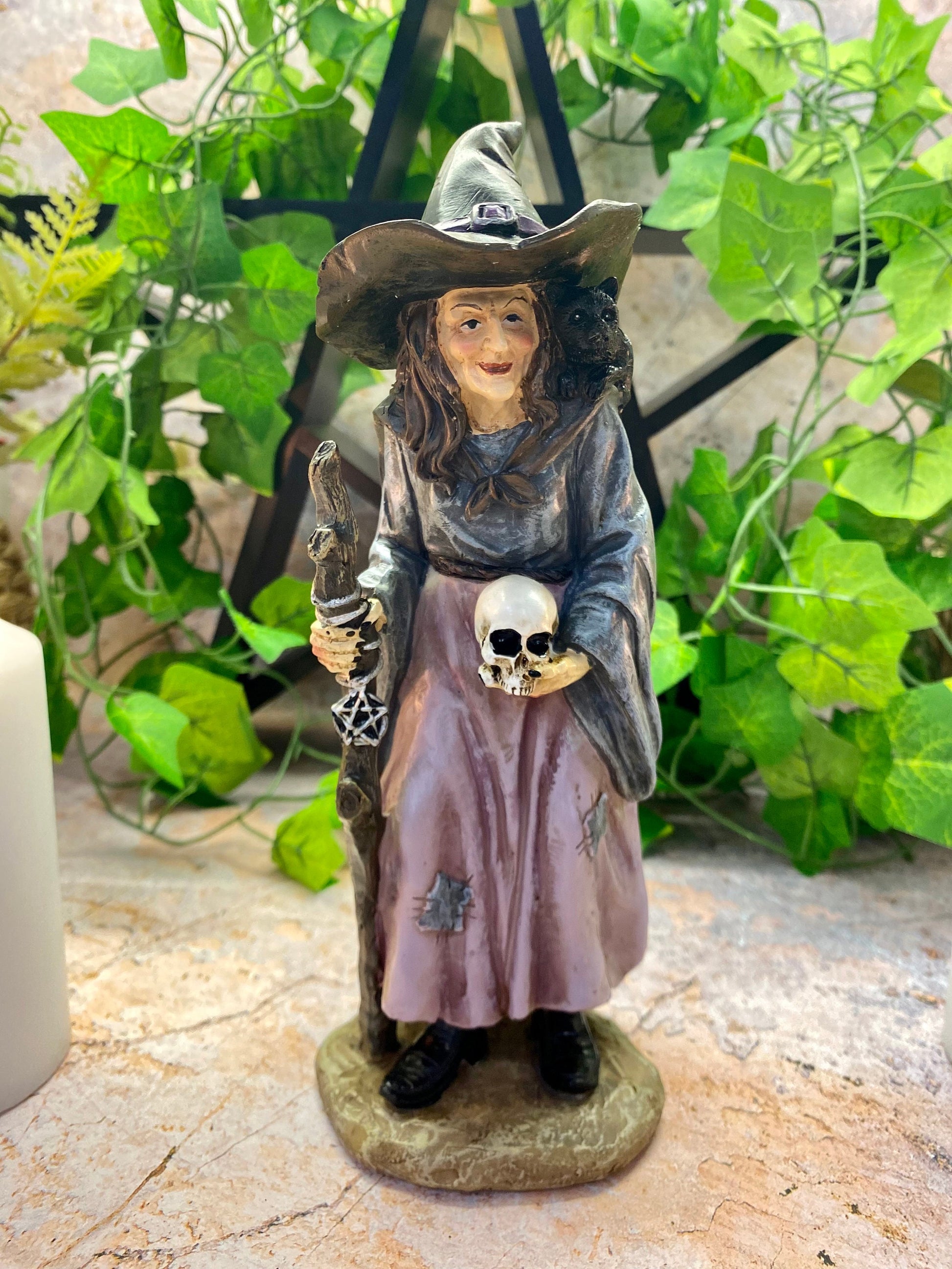 Enchanting Resin Witch Figurine with Skull and Staff, Mystical Sorceress Statue, Halloween Decor, Magical Fantasy Ornament-Osiris Craftworks