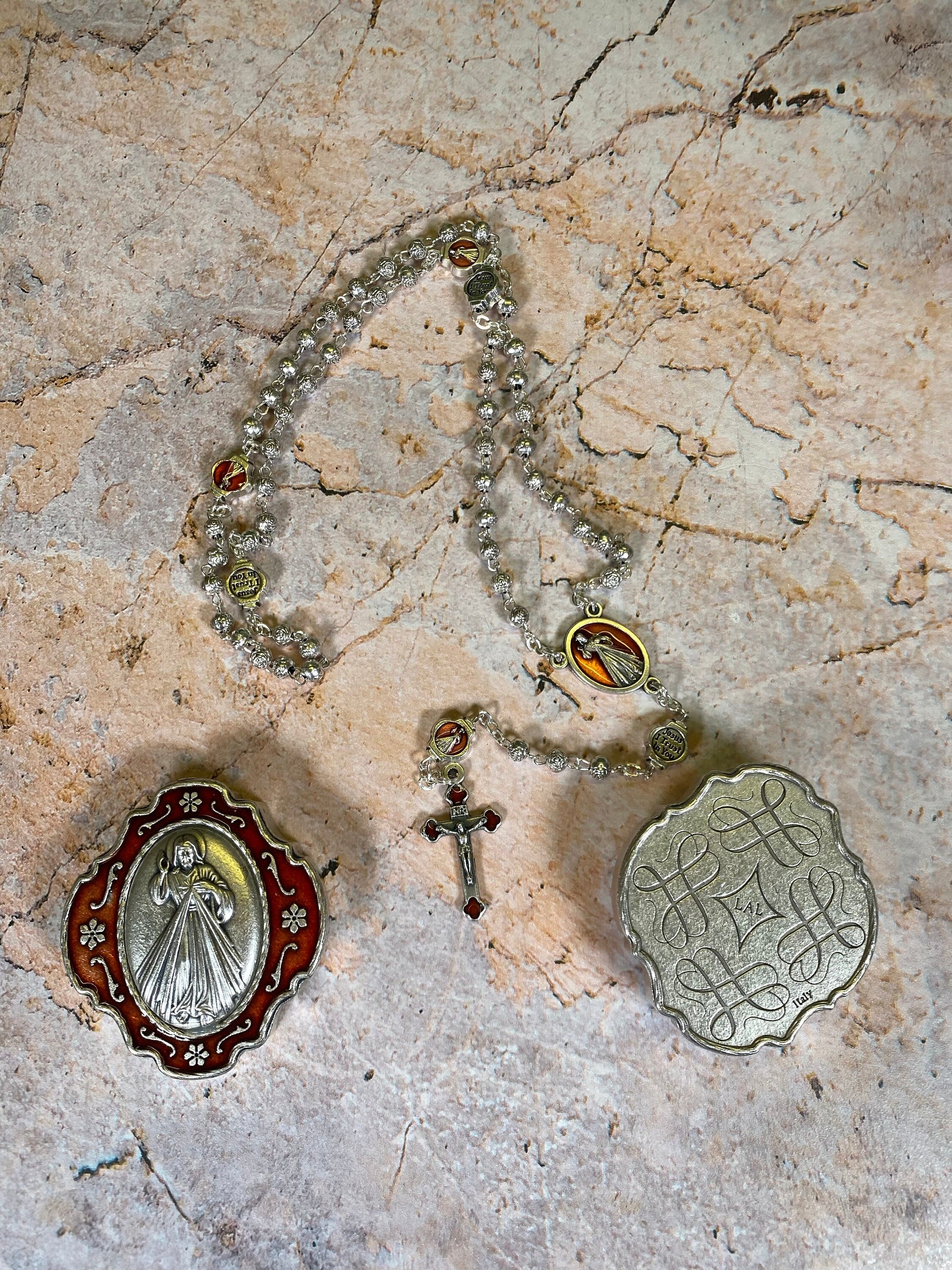 Divine Mercy Jesus Rosary Handcrafted Metal Beads in Matching Metal Box-Osiris Craftworks