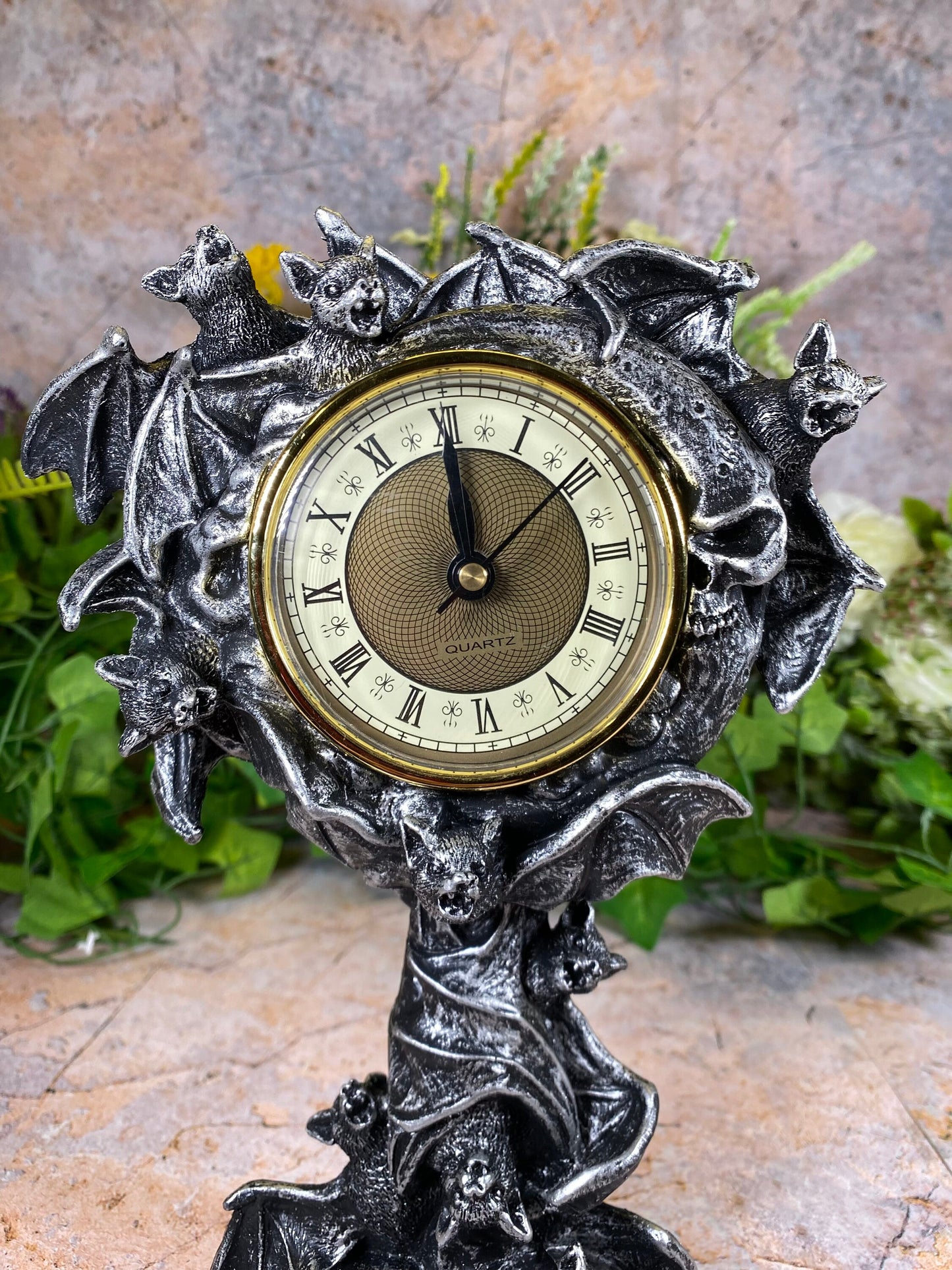 Gothic Resin Silver Bats Clock 25 cm Tall - Handcrafted, Spooky Decor Halloween Ornament-Osiris Craftworks