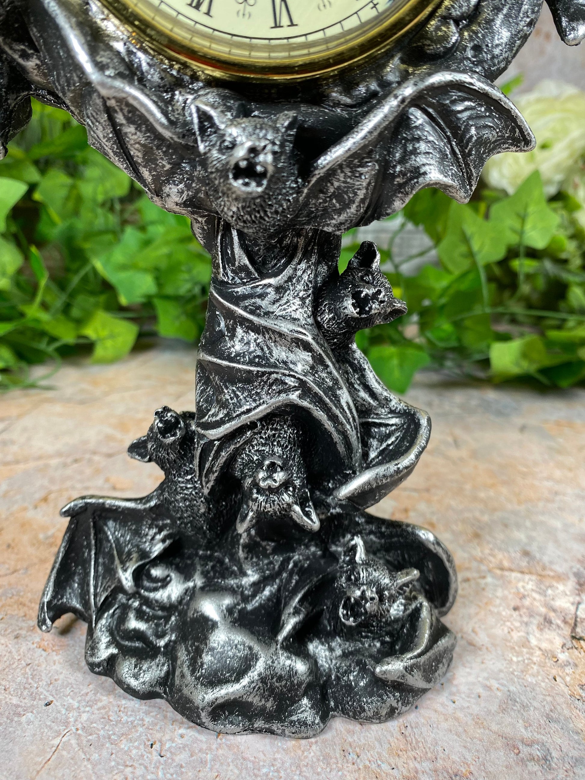 Gothic Resin Silver Bats Clock 25 cm Tall - Handcrafted, Spooky Decor Halloween Ornament-Osiris Craftworks