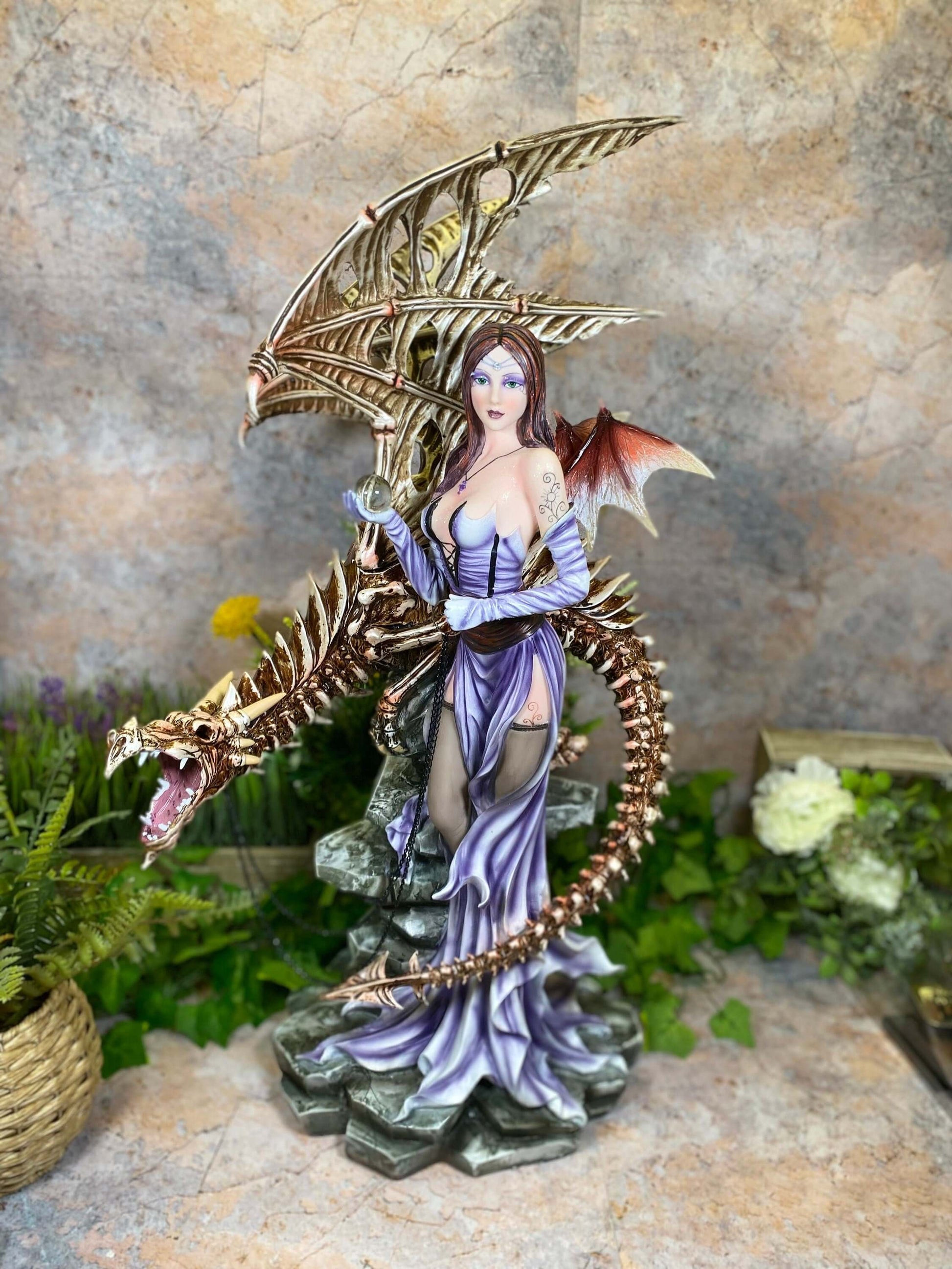 Enchanting Dark Fairy with Dragon Skeleton: Captivating 65 cm Large Statue Mythical Gothic Sculpture-Osiris Craftworks