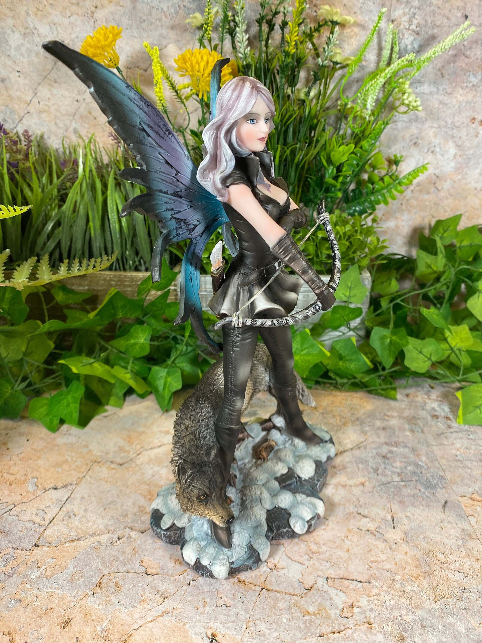 Enchanting Winter Fairy Huntress and Mighty Wolf Statue Captivating Sculpture Mythical Creatures 27 cm Tall-Osiris Craftworks