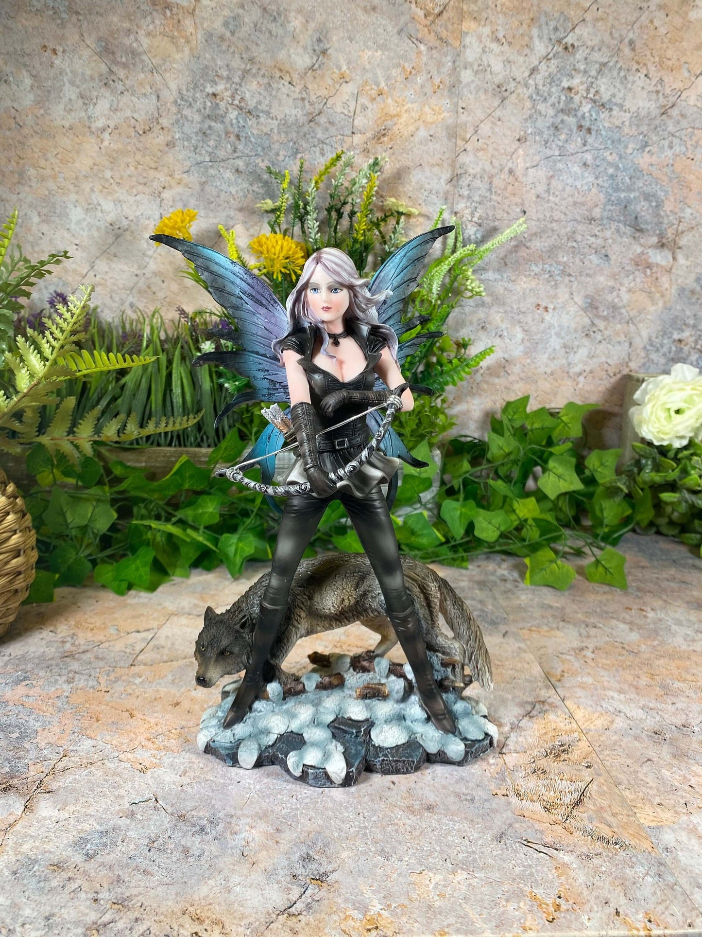 Enchanting Winter Fairy Huntress and Mighty Wolf Statue Captivating Sculpture Mythical Creatures 27 cm Tall-Osiris Craftworks