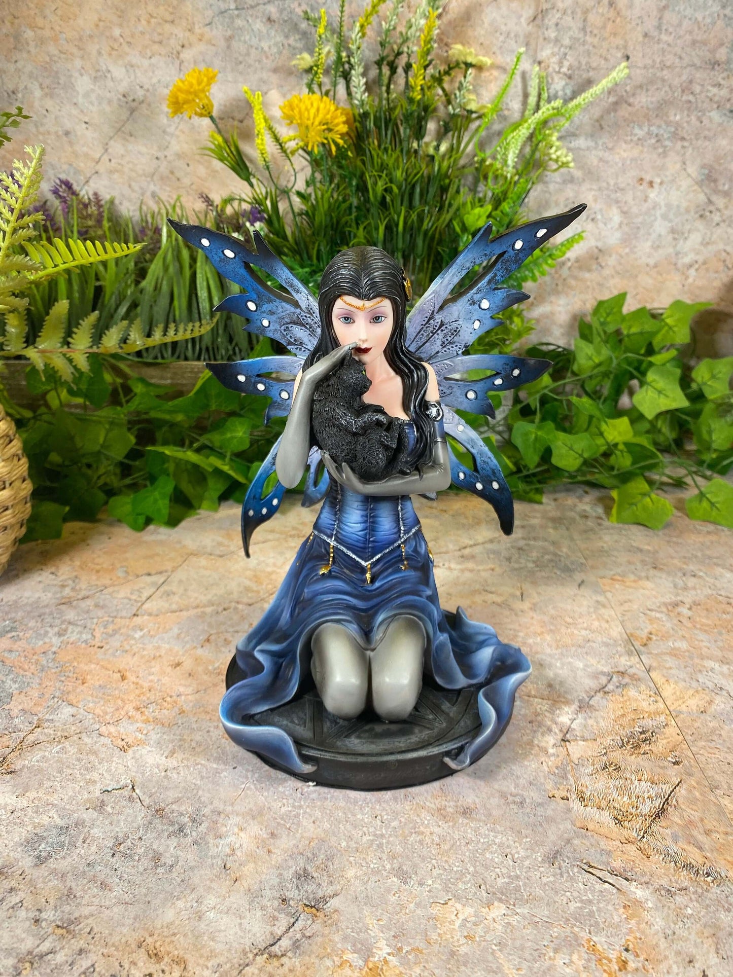 Elegant Fairy and Mysterious Black Cat Decorative Figurine Fantasy Statue Fairytale Gift Idea-Osiris Craftworks