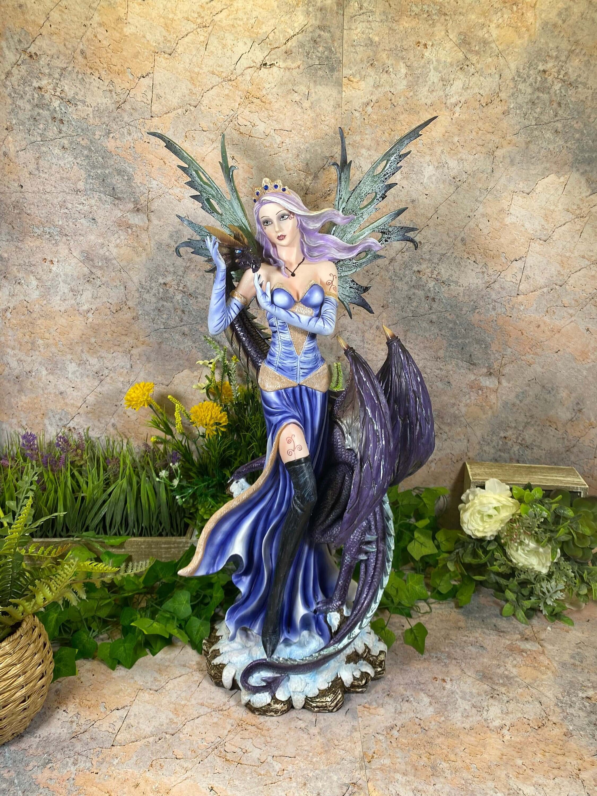 Enchanting Winter Fairy and Dragon Statue - 68 cm tall Resin Fantasy Sculpture Mythical Collection-Osiris Craftworks