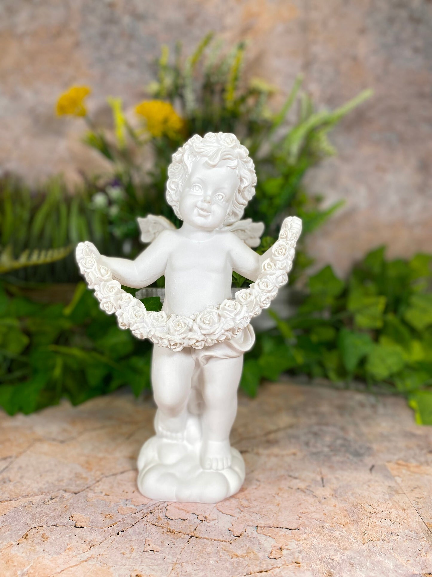 Ethereal Resin Cherub with Roses - Handcrafted Heavenly Sculpture - 22 cm Tall Figurine-Osiris Craftworks