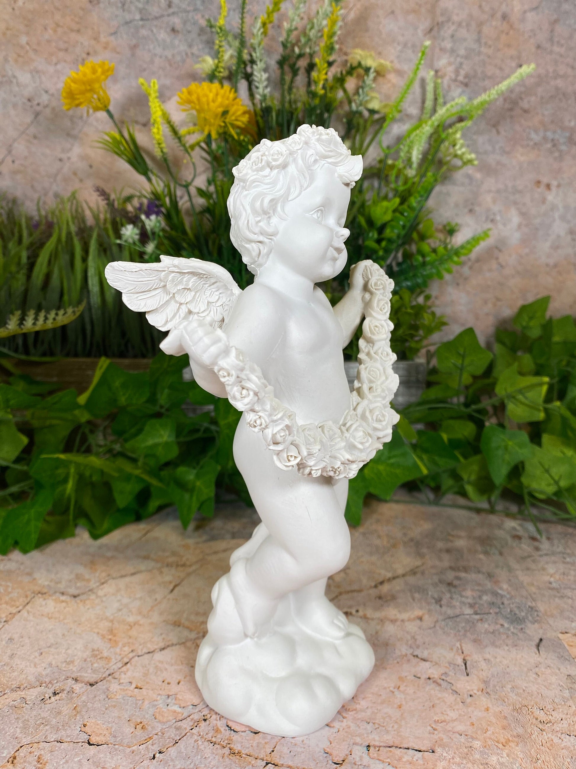 Ethereal Resin Cherub with Roses - Handcrafted Heavenly Sculpture - 22 cm Tall Figurine-Osiris Craftworks