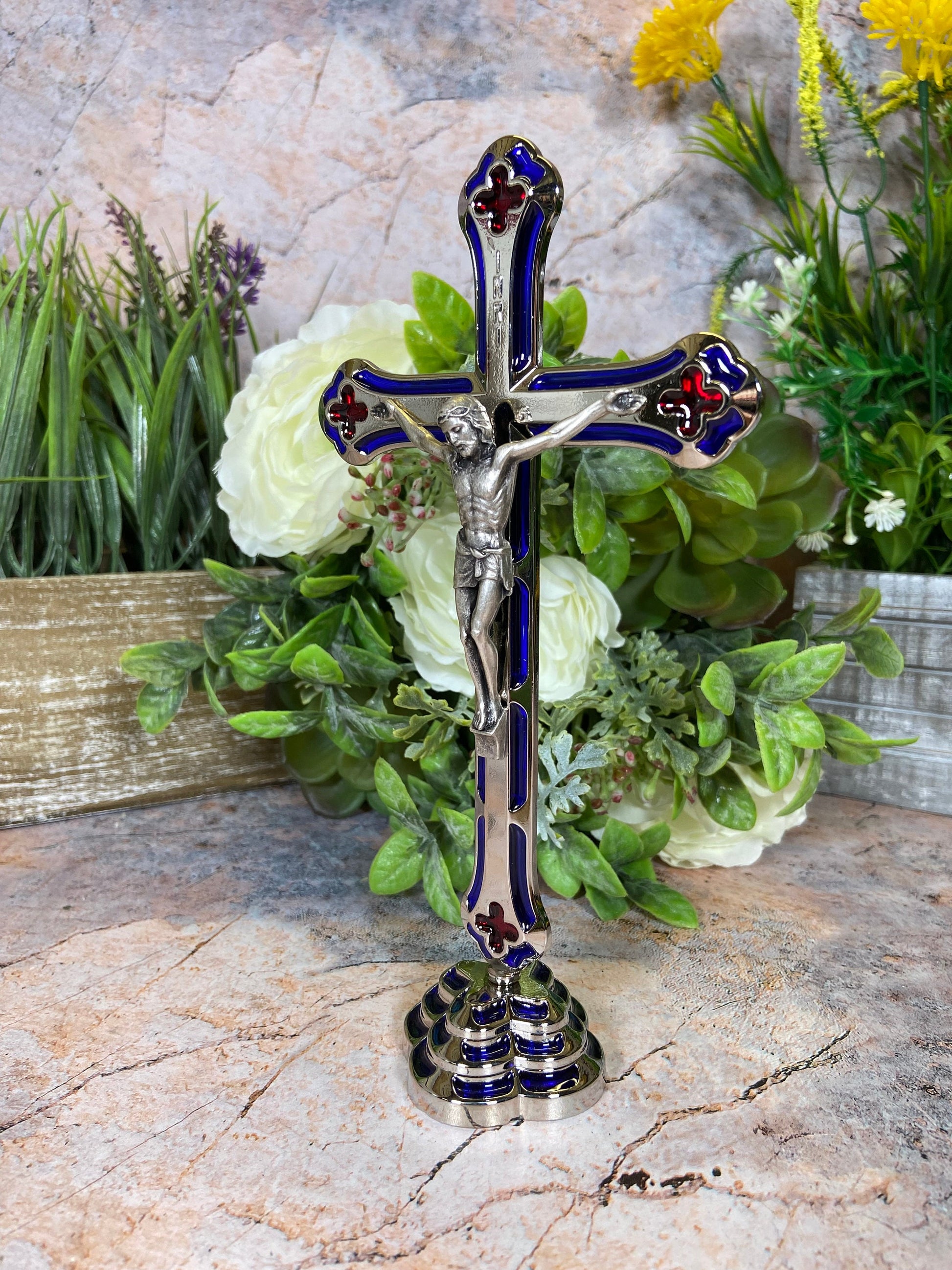 Elegant Silver Freestanding Cross | 20 cm High | Timeless Christian Decor | Spiritual Tabletop Accent | Unique Religious Centrepiece-Osiris Craftworks