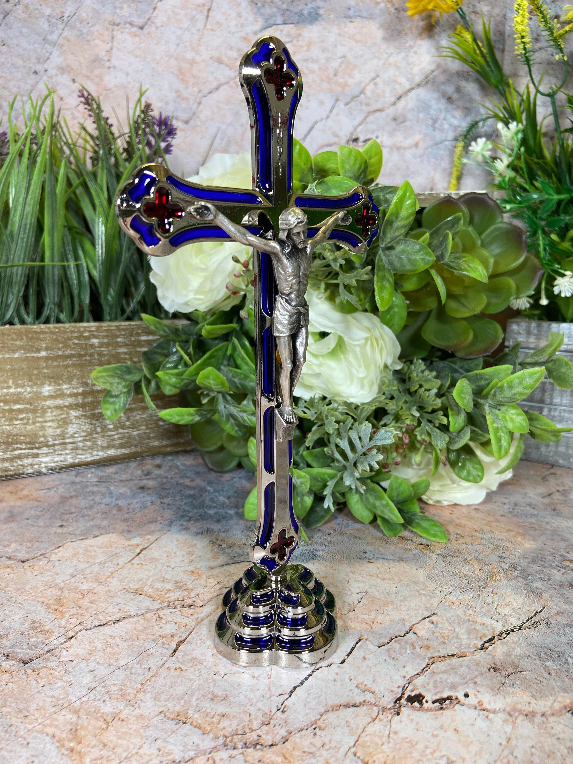 Elegant Silver Freestanding Cross | 20 cm High | Timeless Christian Decor | Spiritual Tabletop Accent | Unique Religious Centrepiece-Osiris Craftworks