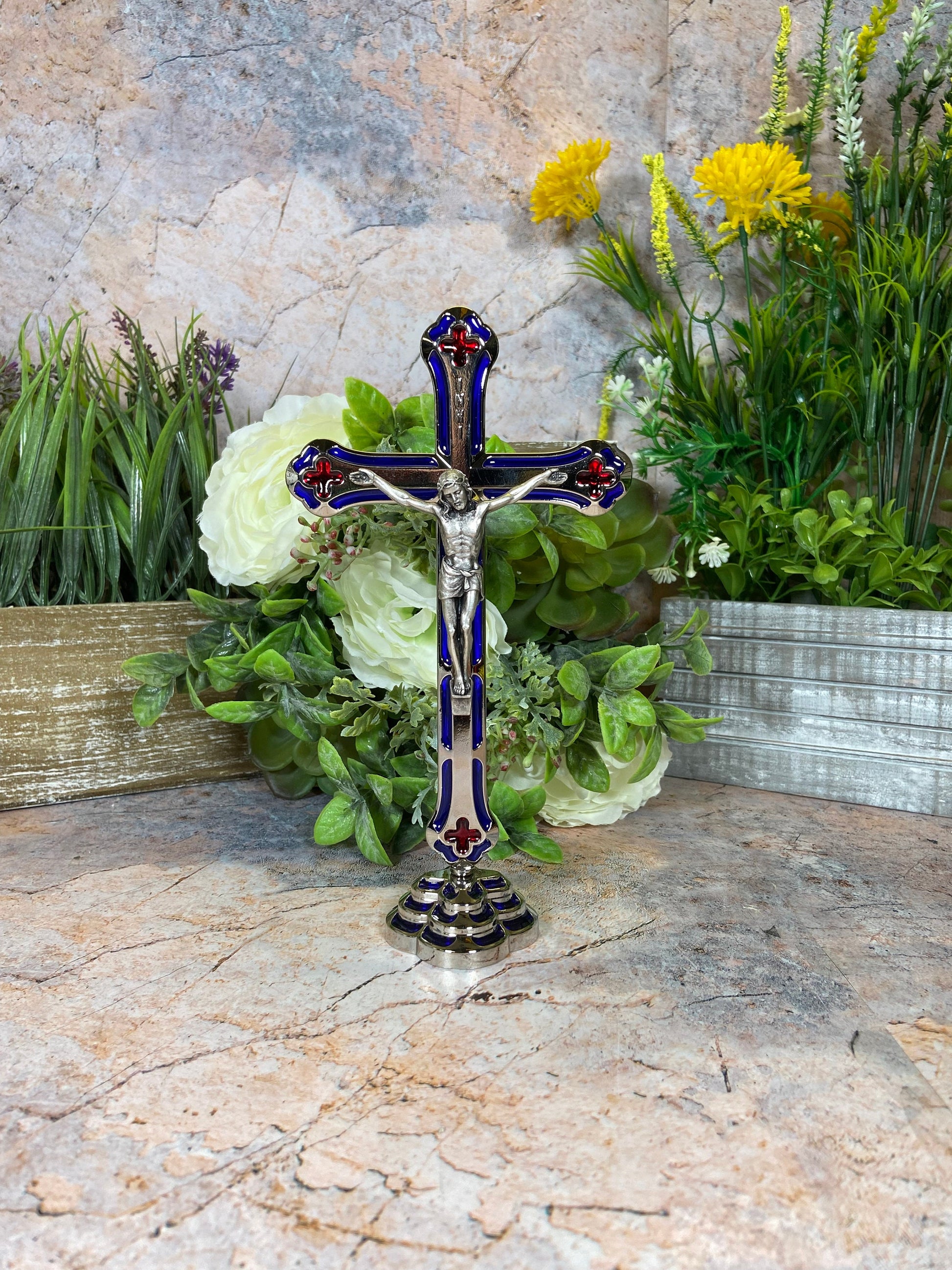 Elegant Silver Freestanding Cross | 20 cm High | Timeless Christian Decor | Spiritual Tabletop Accent | Unique Religious Centrepiece-Osiris Craftworks